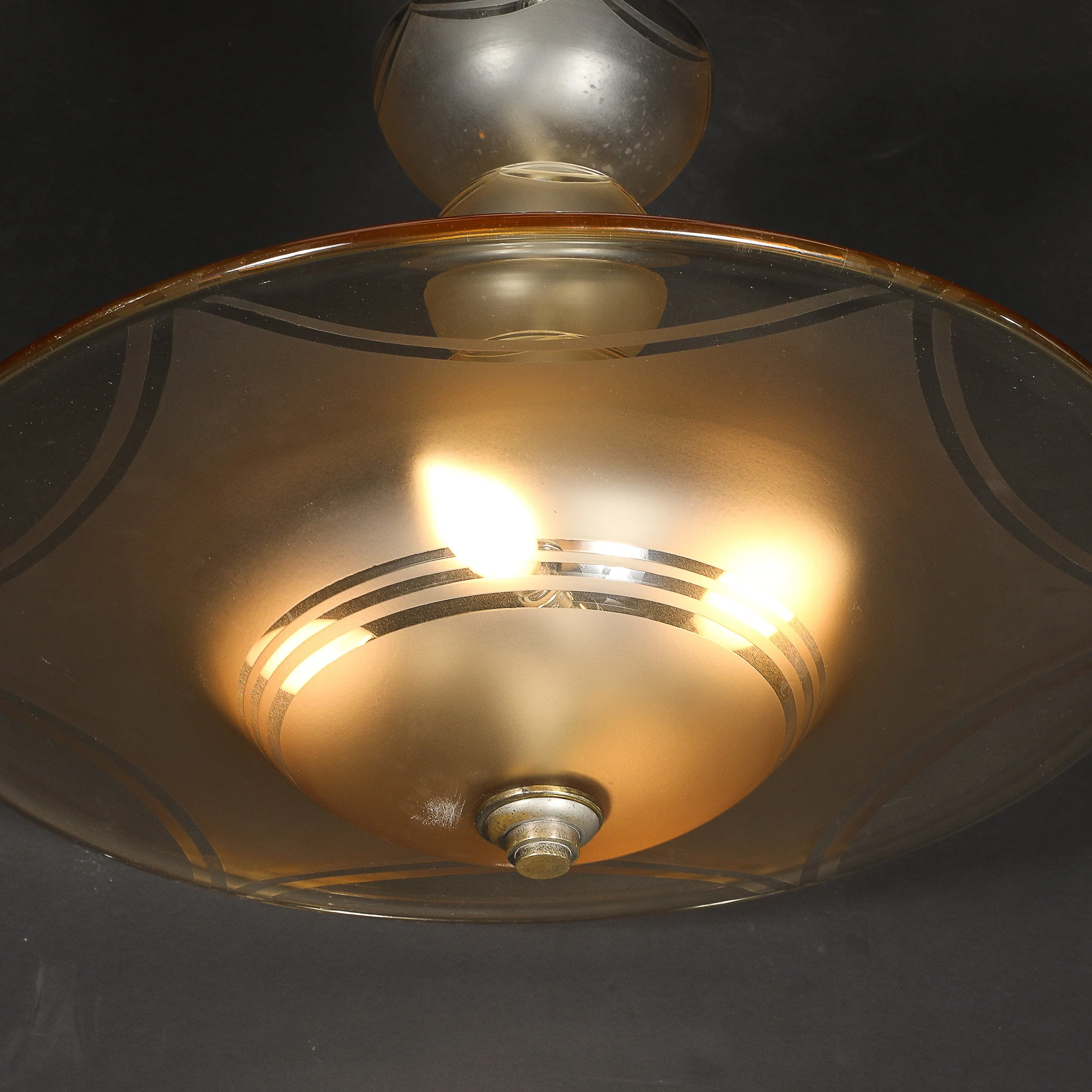 Art Deco Signed Daum Frosted Rose-Hue Saucer-Form Pendant Chandelier — image 17