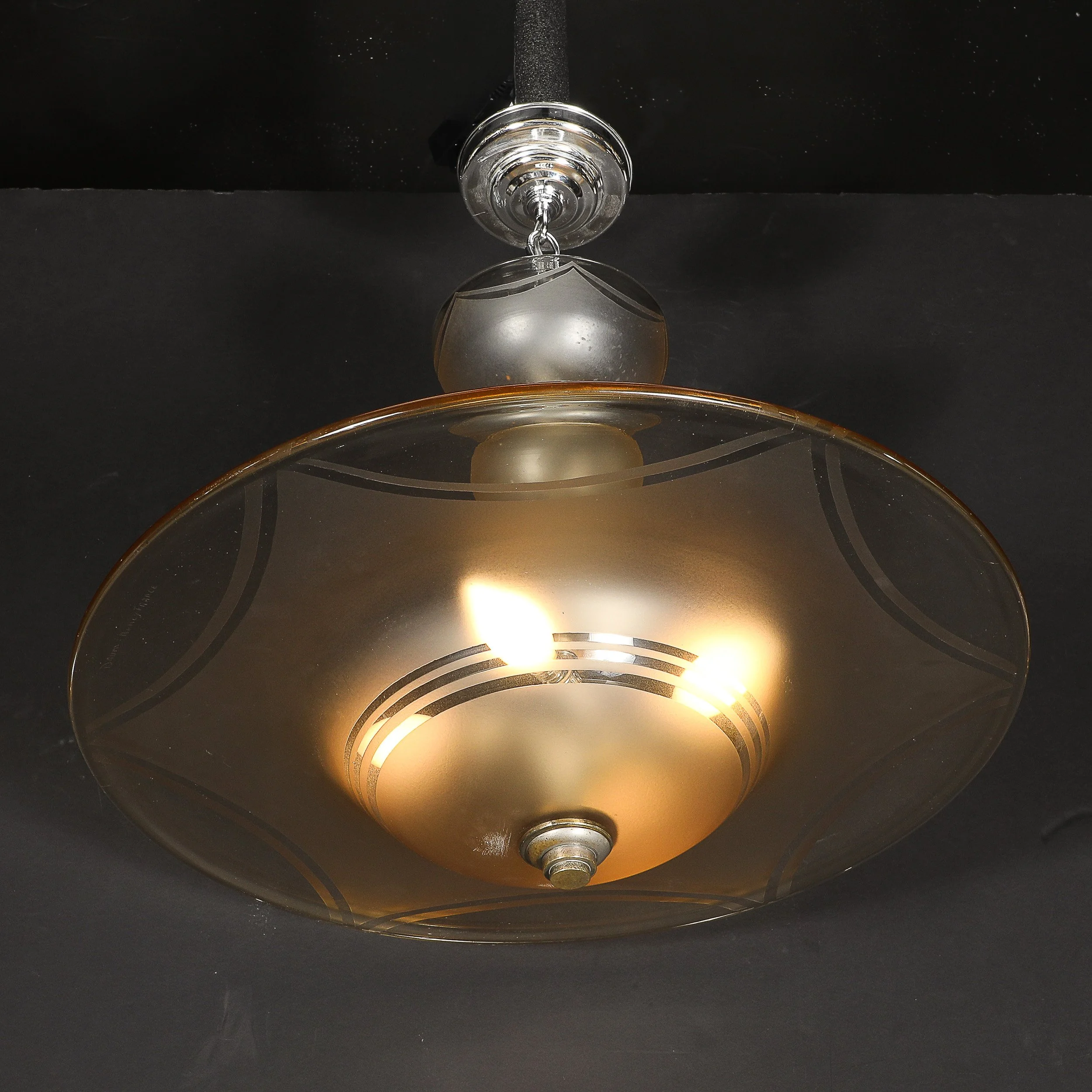 Art Deco Signed Daum Frosted Rose-Hue Saucer-Form Pendant Chandelier — image 18