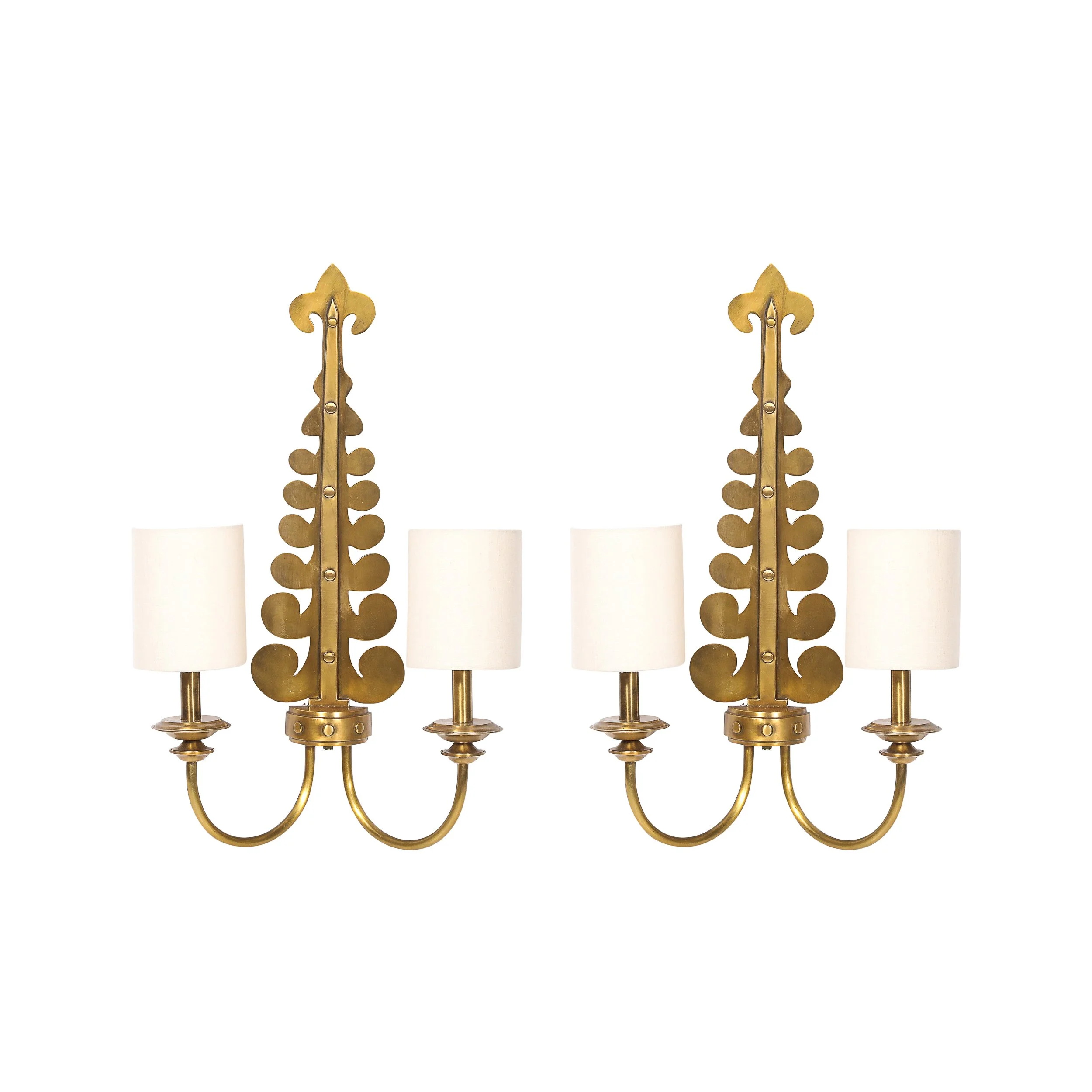 Pair of Mid-Century Brass Two-Arm Sconces w/ Sculptural Volute Motif — image 1