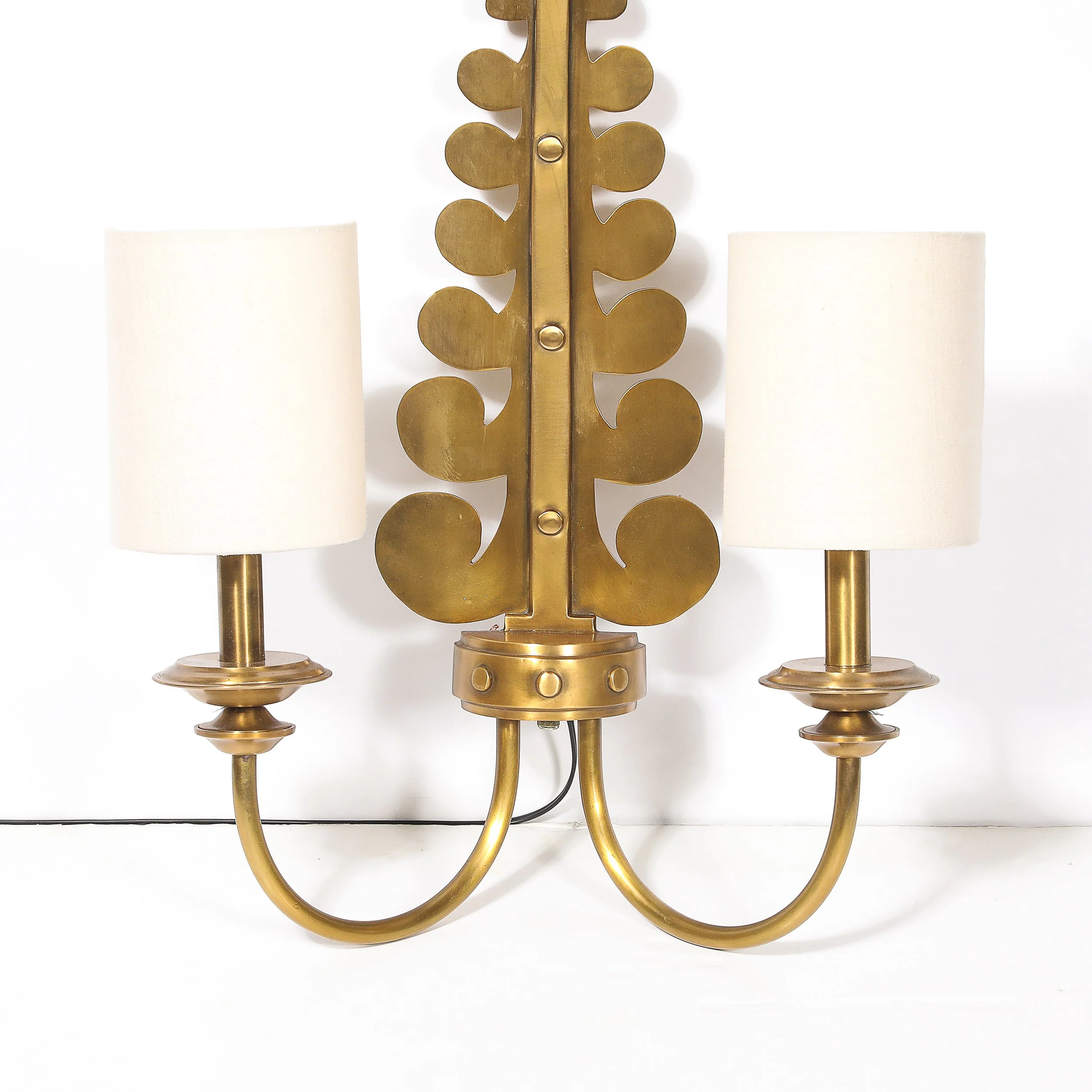 Pair of Mid-Century Brass Two-Arm Sconces w/ Sculptural Volute Motif — image 2