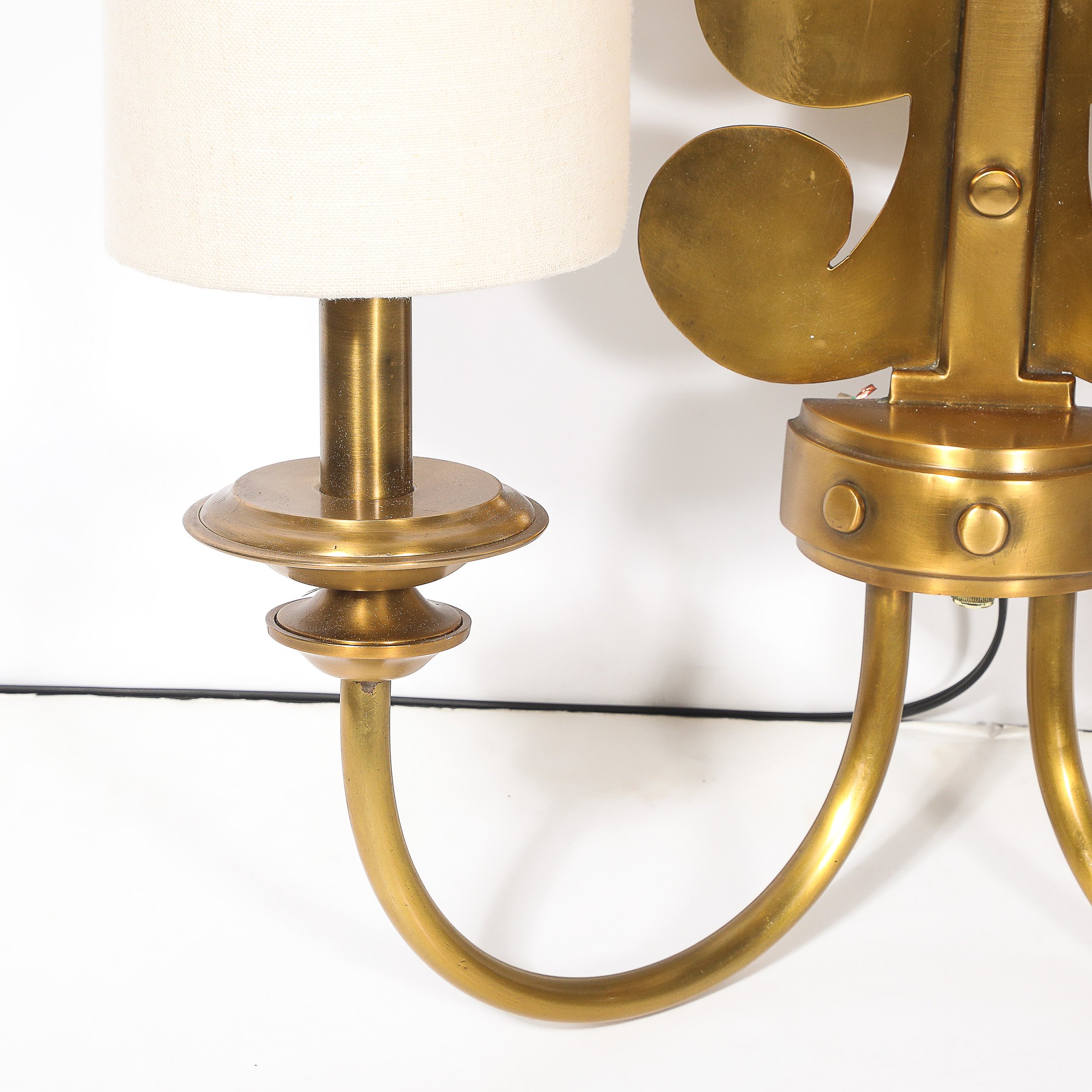 Pair of Mid-Century Brass Two-Arm Sconces w/ Sculptural Volute Motif — image 6