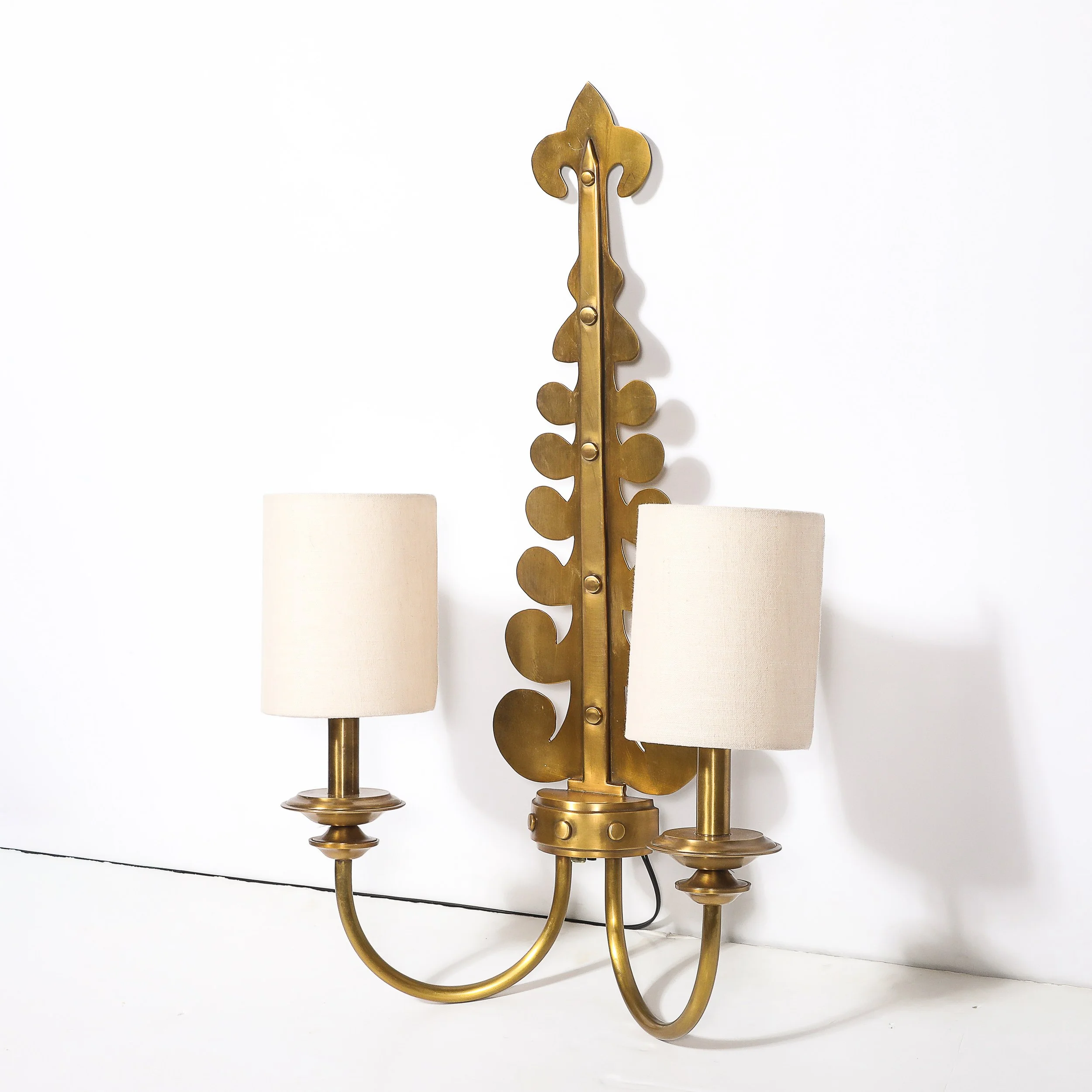 Pair of Mid-Century Brass Two-Arm Sconces w/ Sculptural Volute Motif — image 9