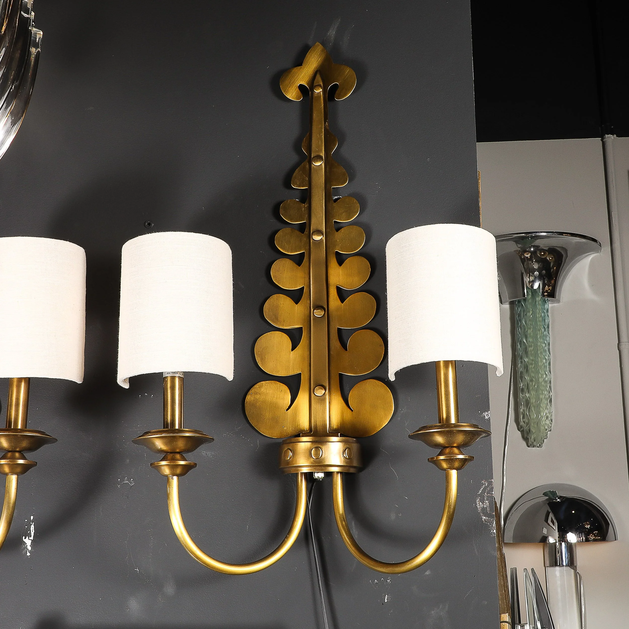 Pair of Mid-Century Brass Two-Arm Sconces w/ Sculptural Volute Motif — image 13