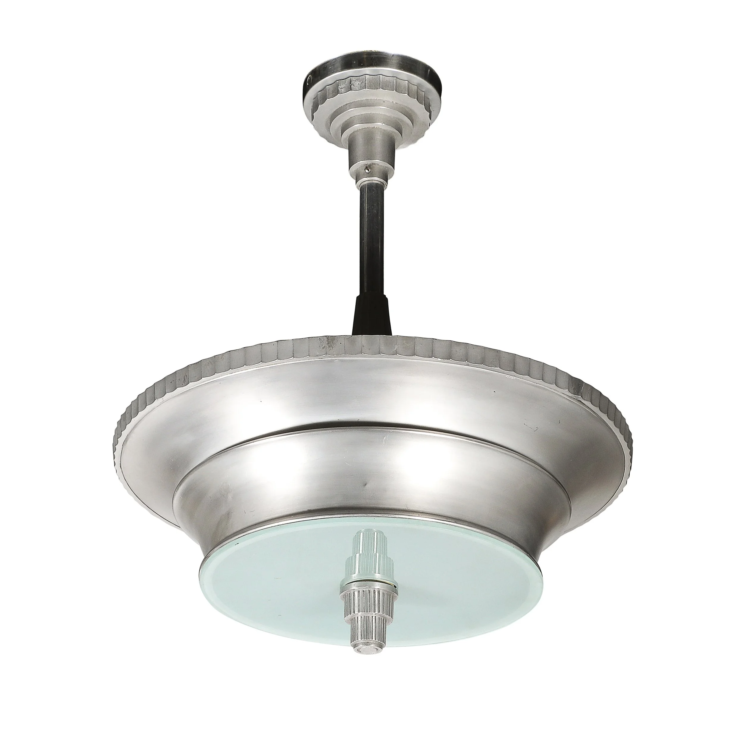 Art Deco Brushed Aluminum & Frosted Glass Chandelier with Fluted Detailing offered by High Style Deco — image 1