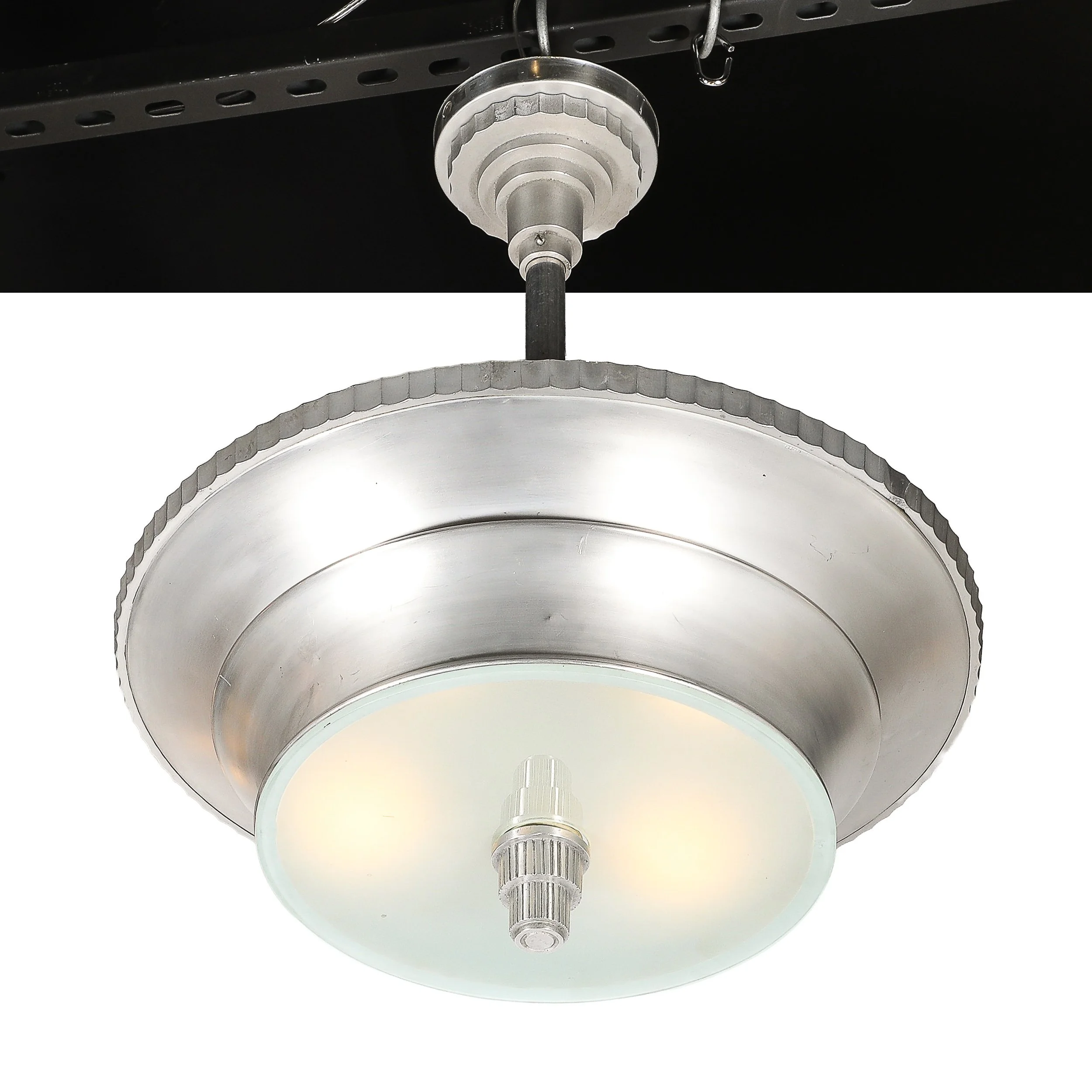 Art Deco Brushed Aluminum & Frosted Glass Chandelier with Fluted Detailing offered by High Style Deco — image 4