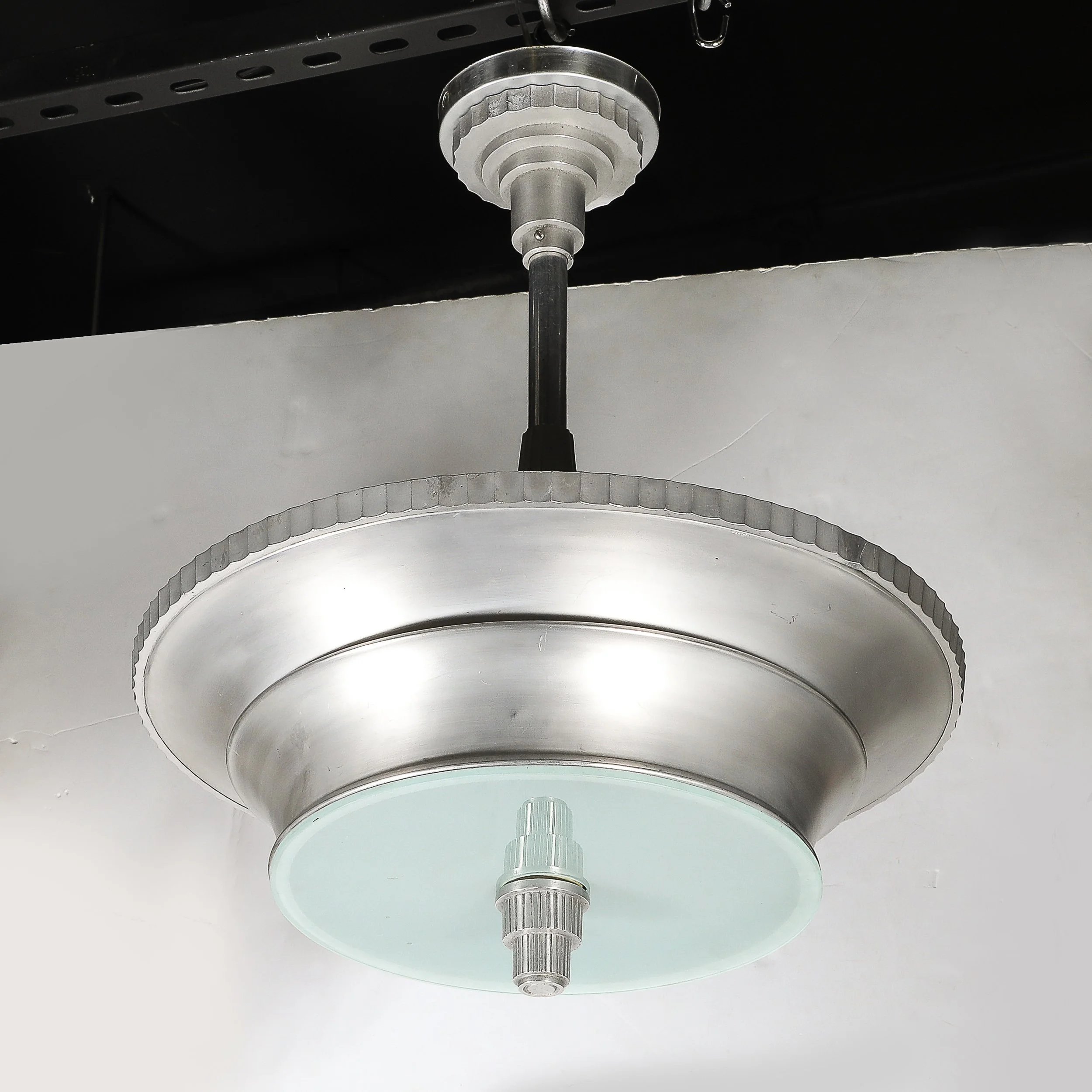 Art Deco Brushed Aluminum & Frosted Glass Chandelier with Fluted Detailing offered by High Style Deco — image 9