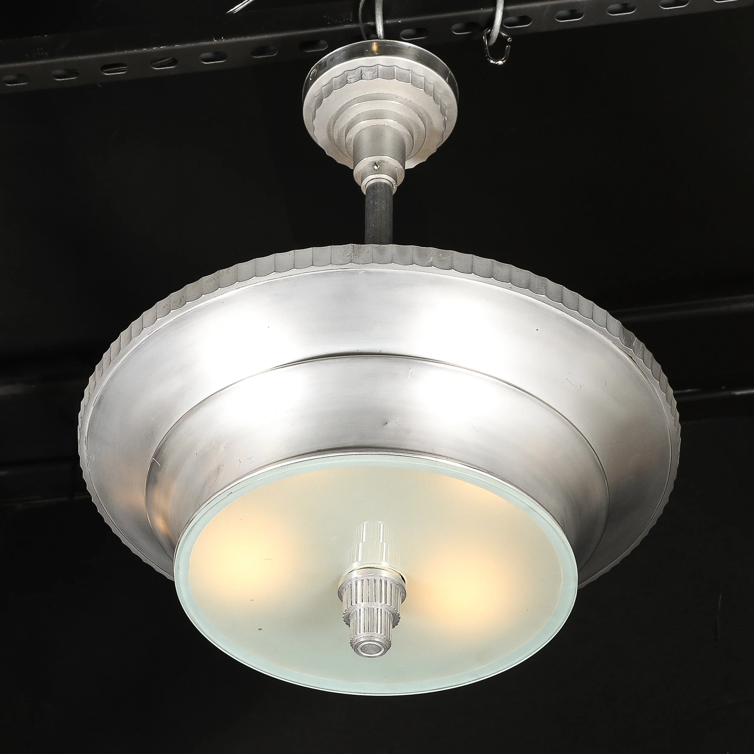 Art Deco Brushed Aluminum & Frosted Glass Chandelier with Fluted Detailing offered by High Style Deco — image 12