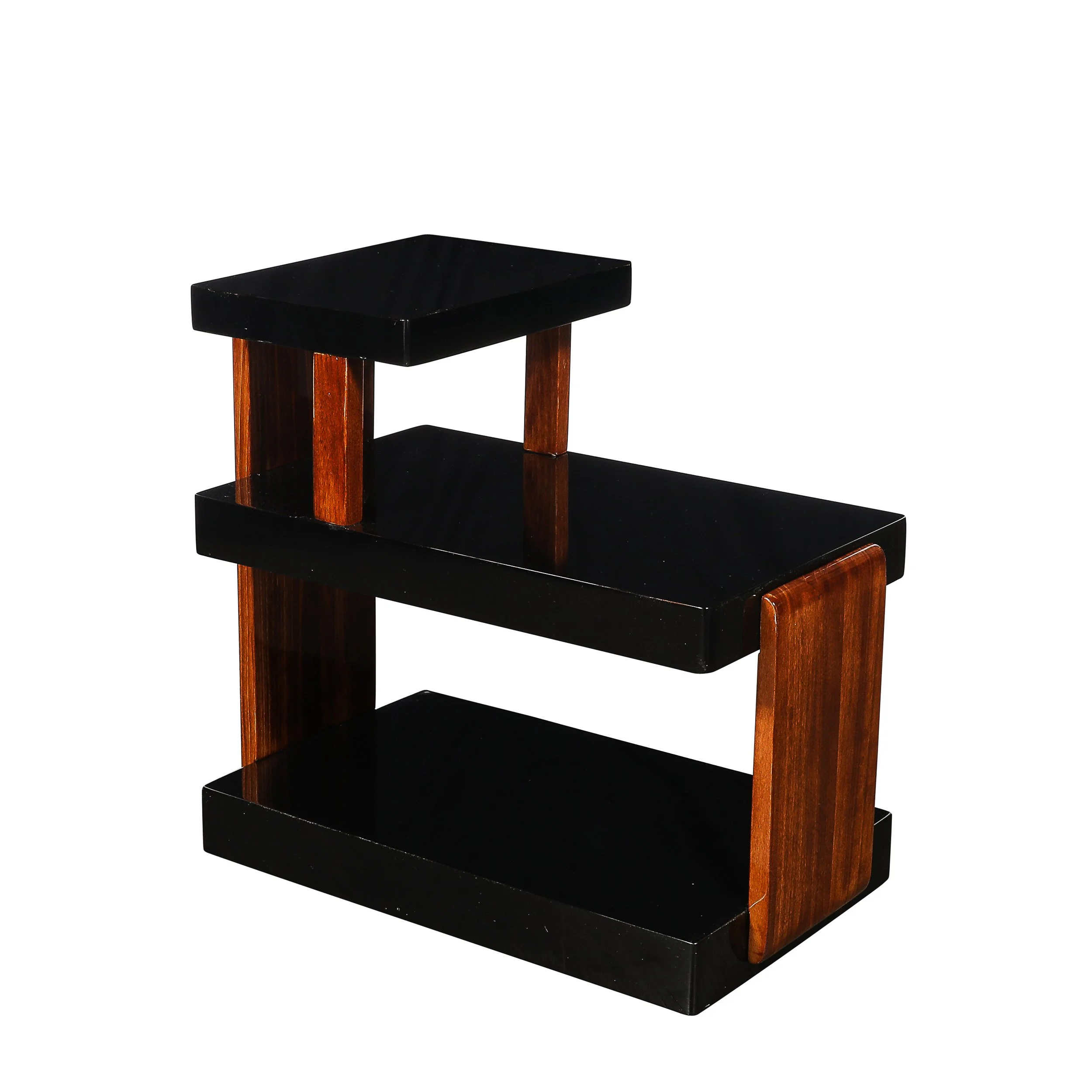 Art Deco Machine Age Three-Tier Black Lacquer & Walnut Side Table offered by High Style Deco — image 1