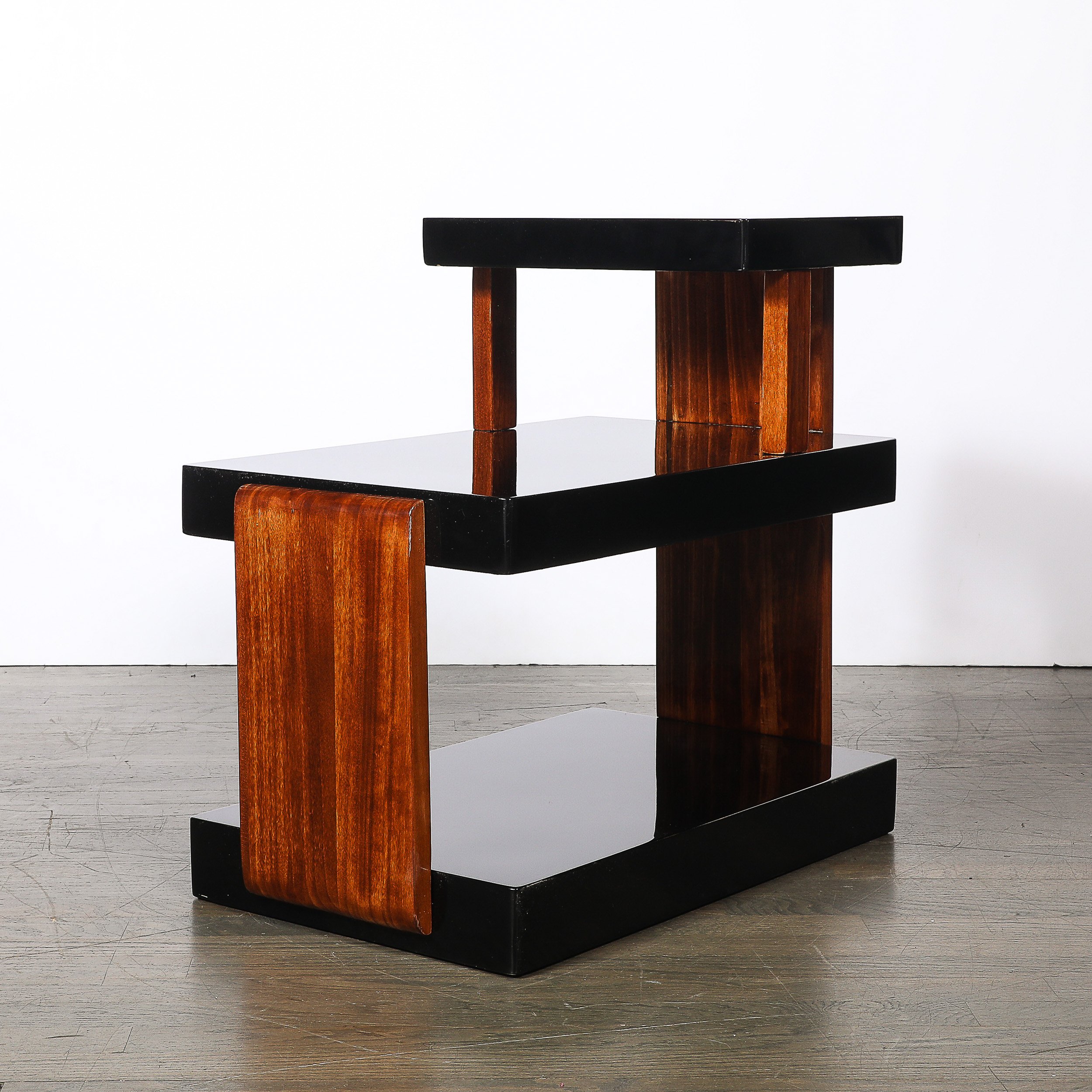 Art Deco Machine Age Three-Tier Black Lacquer & Walnut Side Table offered by High Style Deco — image 2