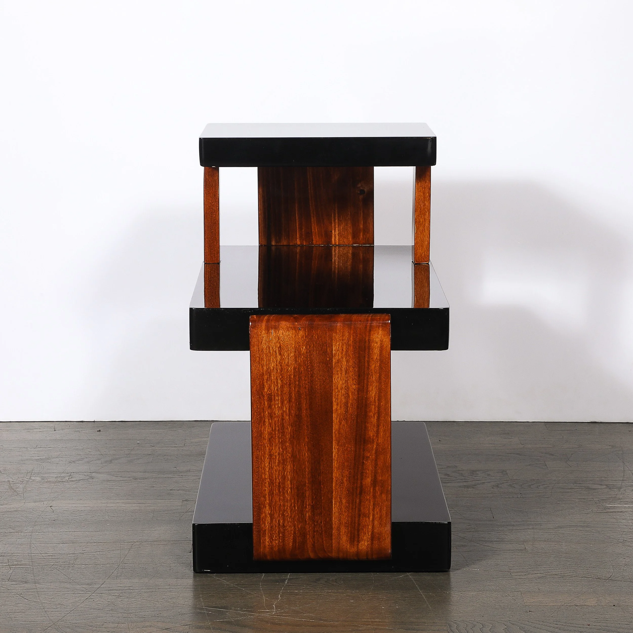 Art Deco Machine Age Three-Tier Black Lacquer & Walnut Side Table offered by High Style Deco — image 4