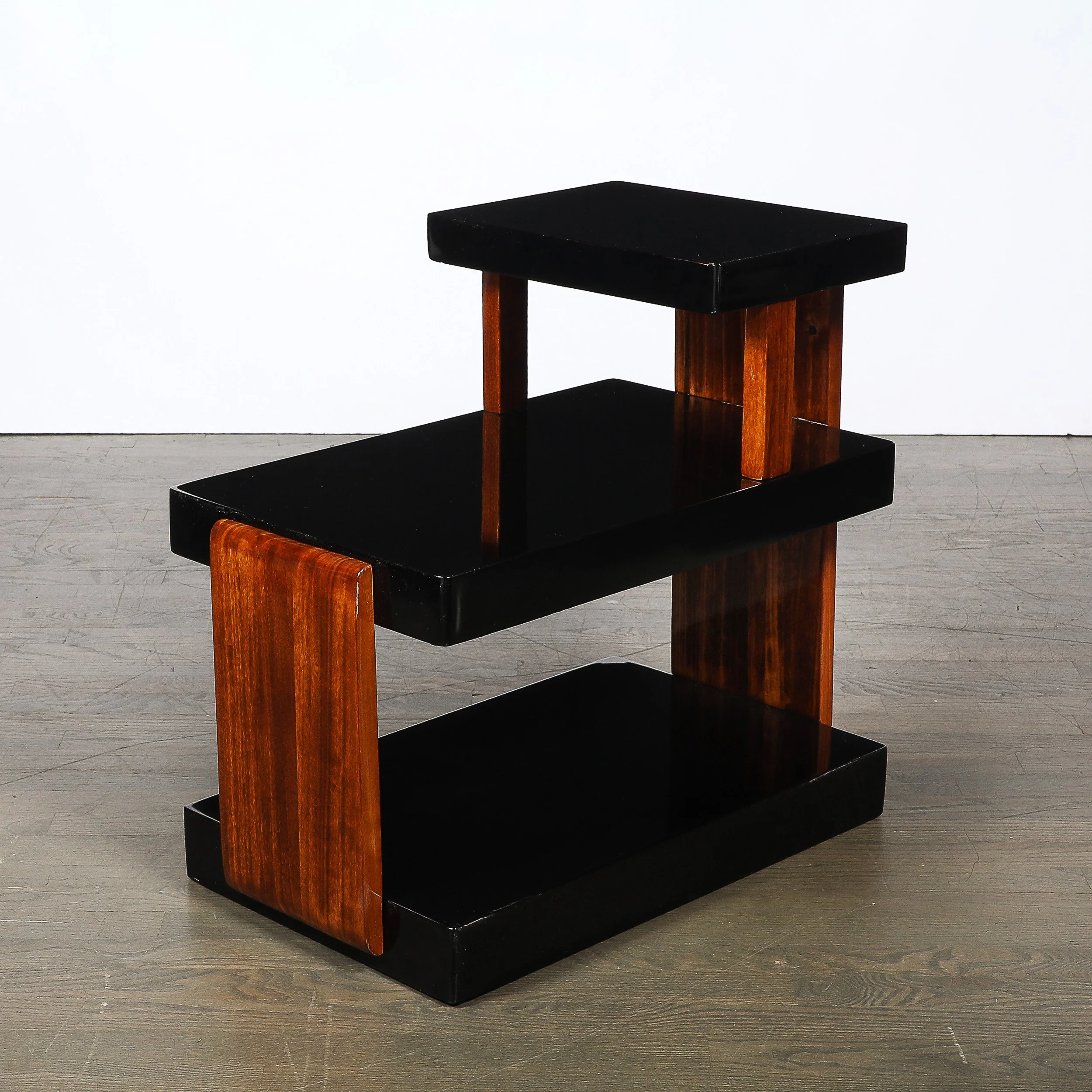 Art Deco Machine Age Three-Tier Black Lacquer & Walnut Side Table offered by High Style Deco — image 5