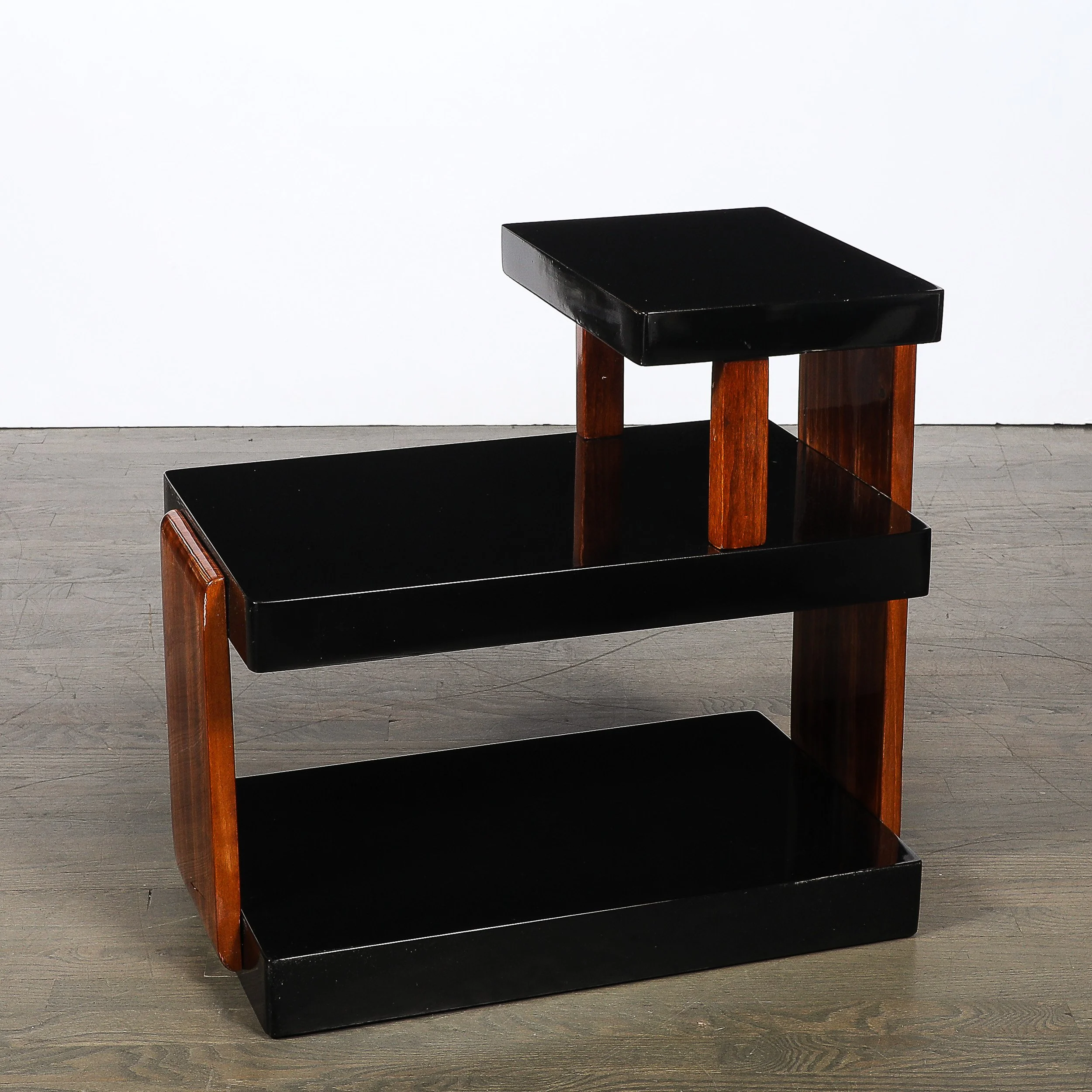 Art Deco Machine Age Three-Tier Black Lacquer & Walnut Side Table offered by High Style Deco — image 6