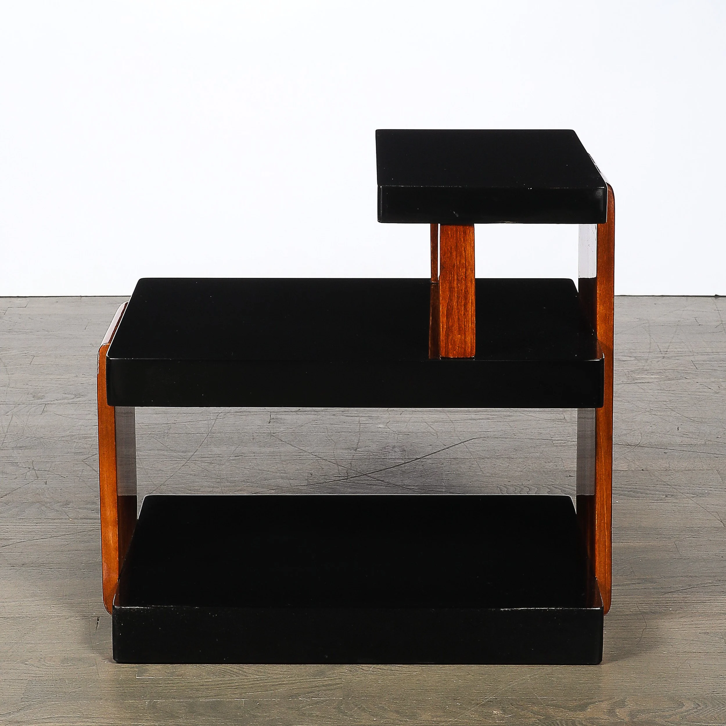 Art Deco Machine Age Three-Tier Black Lacquer & Walnut Side Table offered by High Style Deco — image 7