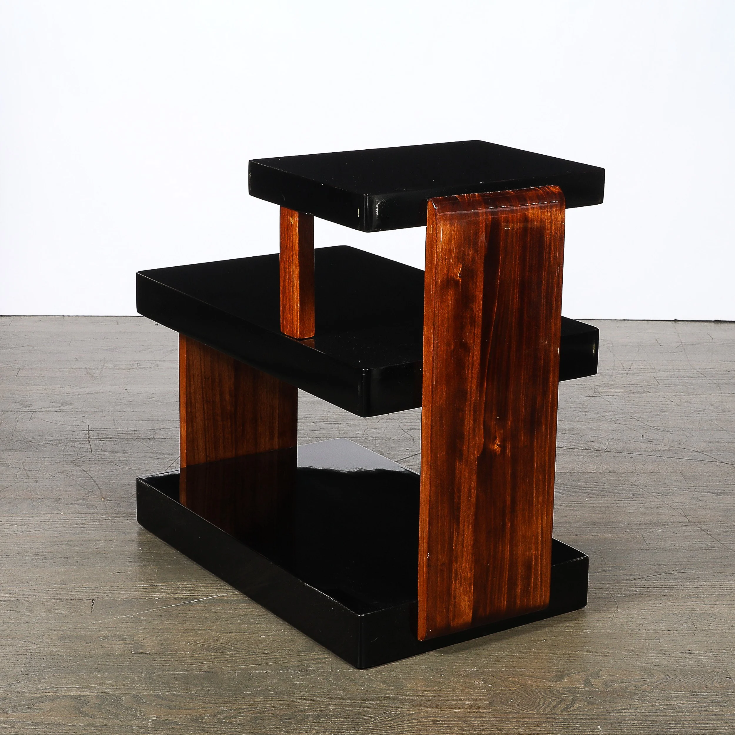 Art Deco Machine Age Three-Tier Black Lacquer & Walnut Side Table offered by High Style Deco — image 8