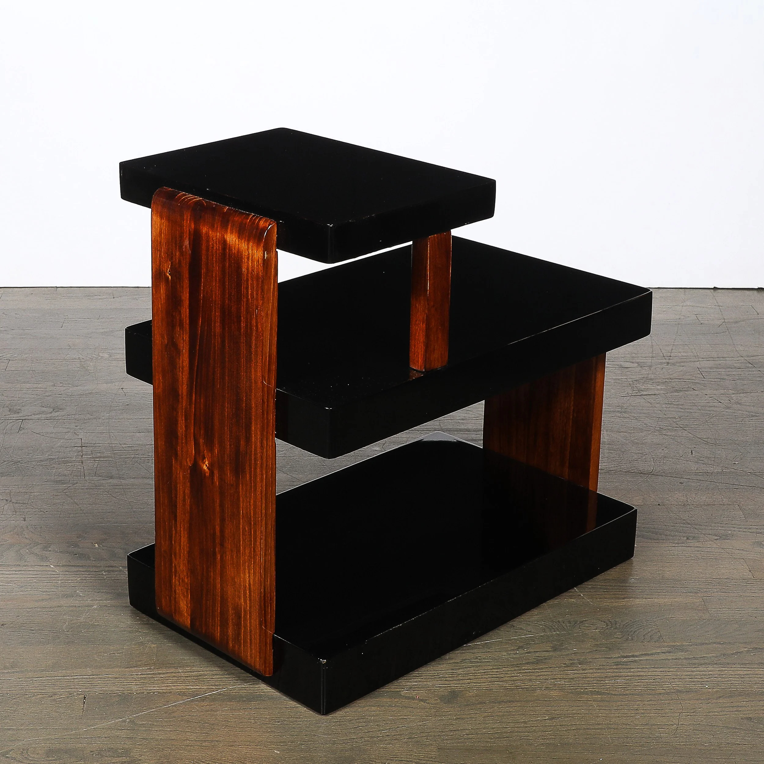 Art Deco Machine Age Three-Tier Black Lacquer & Walnut Side Table offered by High Style Deco — image 10