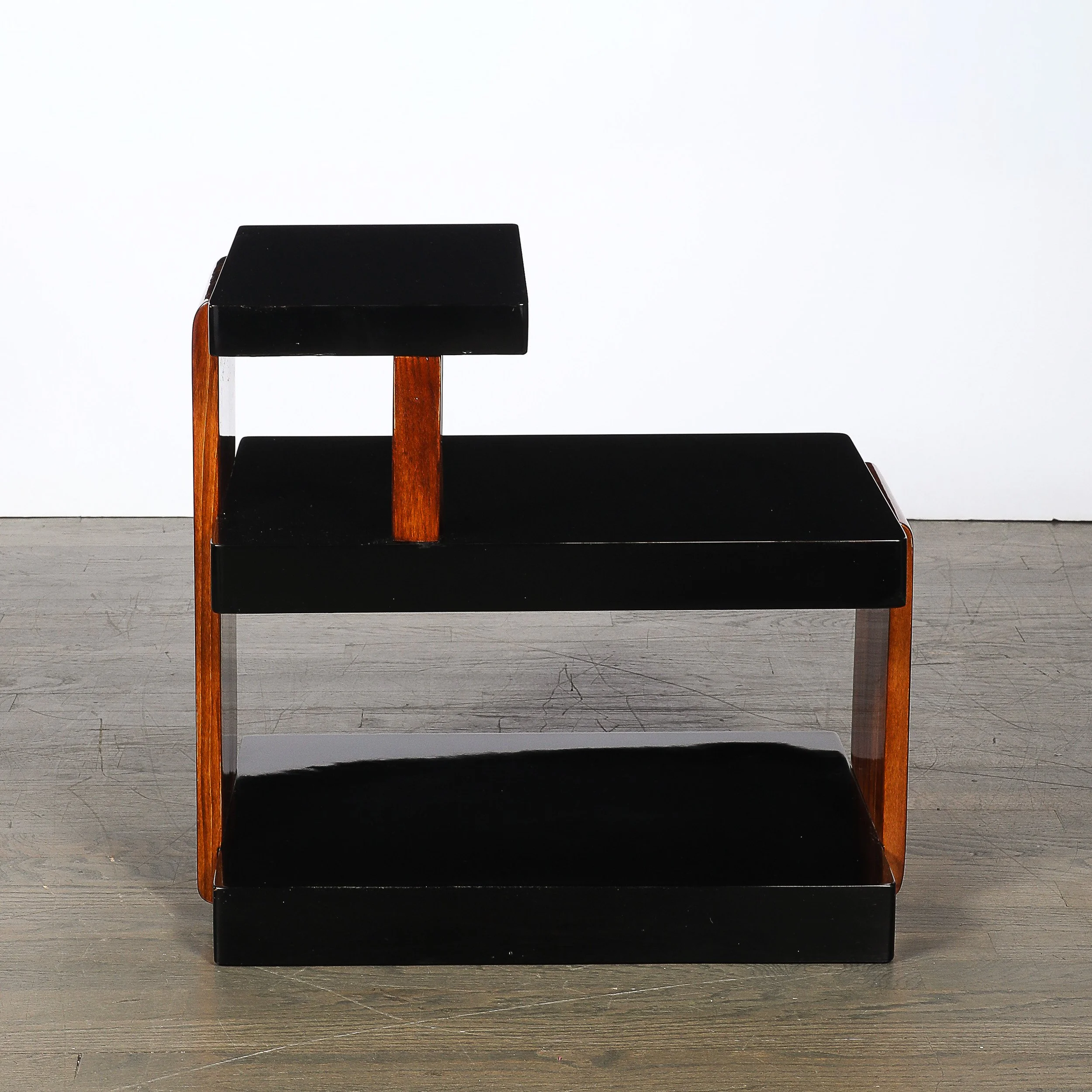 Art Deco Machine Age Three-Tier Black Lacquer & Walnut Side Table offered by High Style Deco — image 11