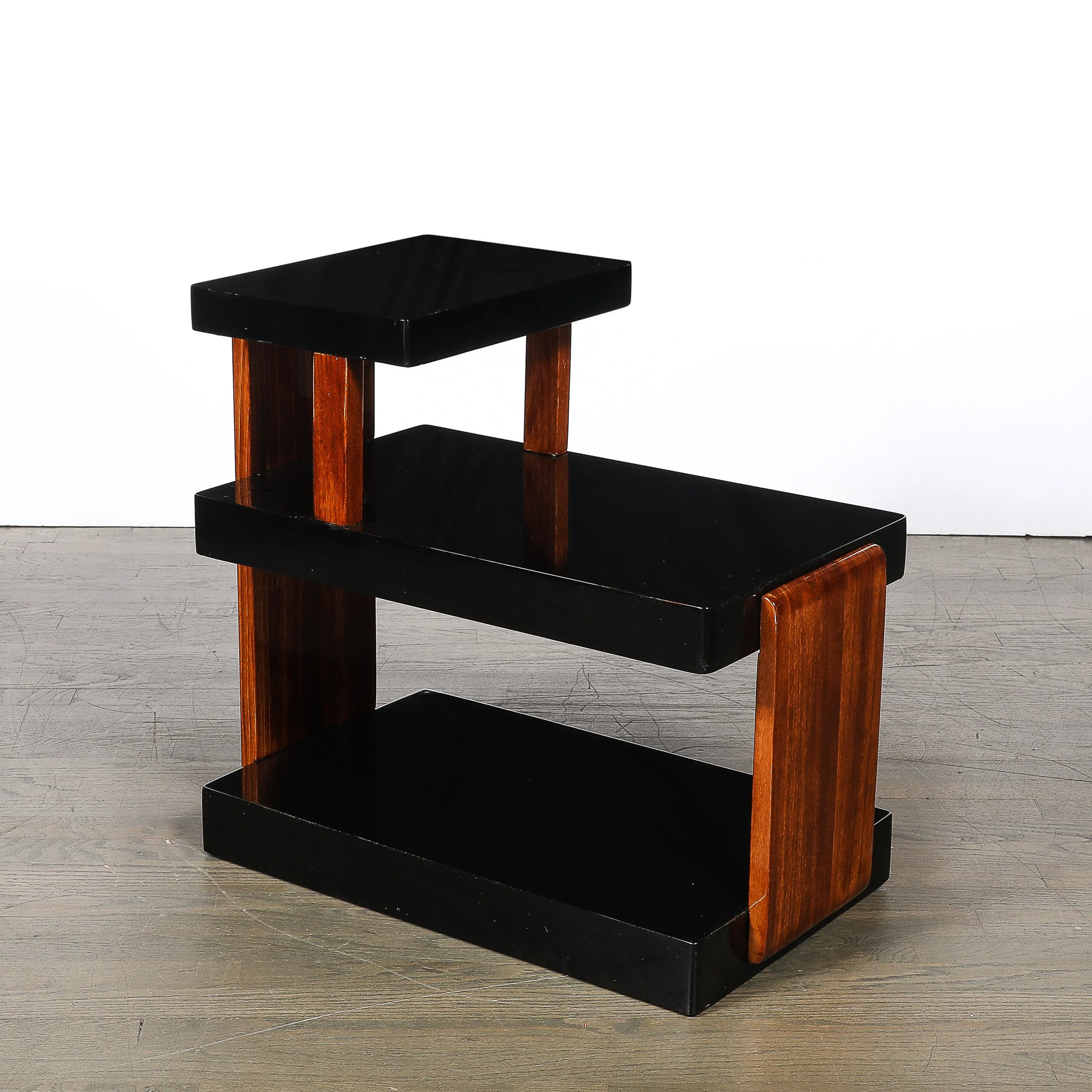 Art Deco Machine Age Three-Tier Black Lacquer & Walnut Side Table offered by High Style Deco — image 12