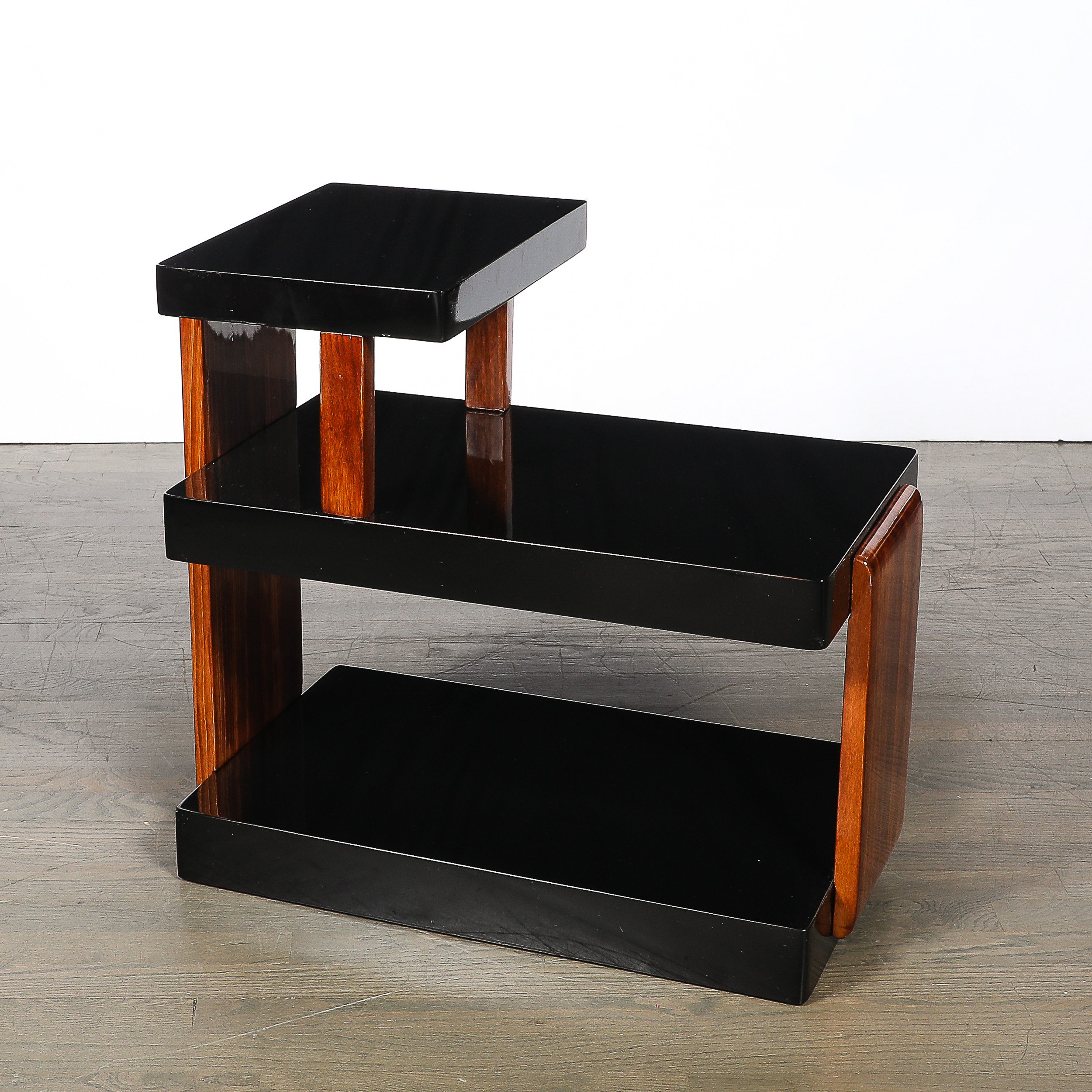 Art Deco Machine Age Three-Tier Black Lacquer & Walnut Side Table offered by High Style Deco — image 13