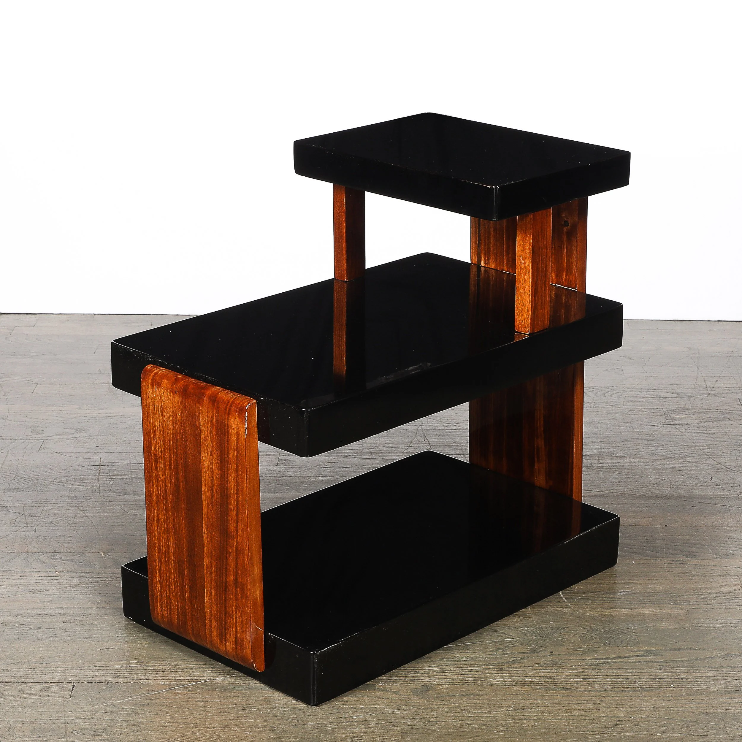 Art Deco Machine Age Three-Tier Black Lacquer & Walnut Side Table offered by High Style Deco — image 14