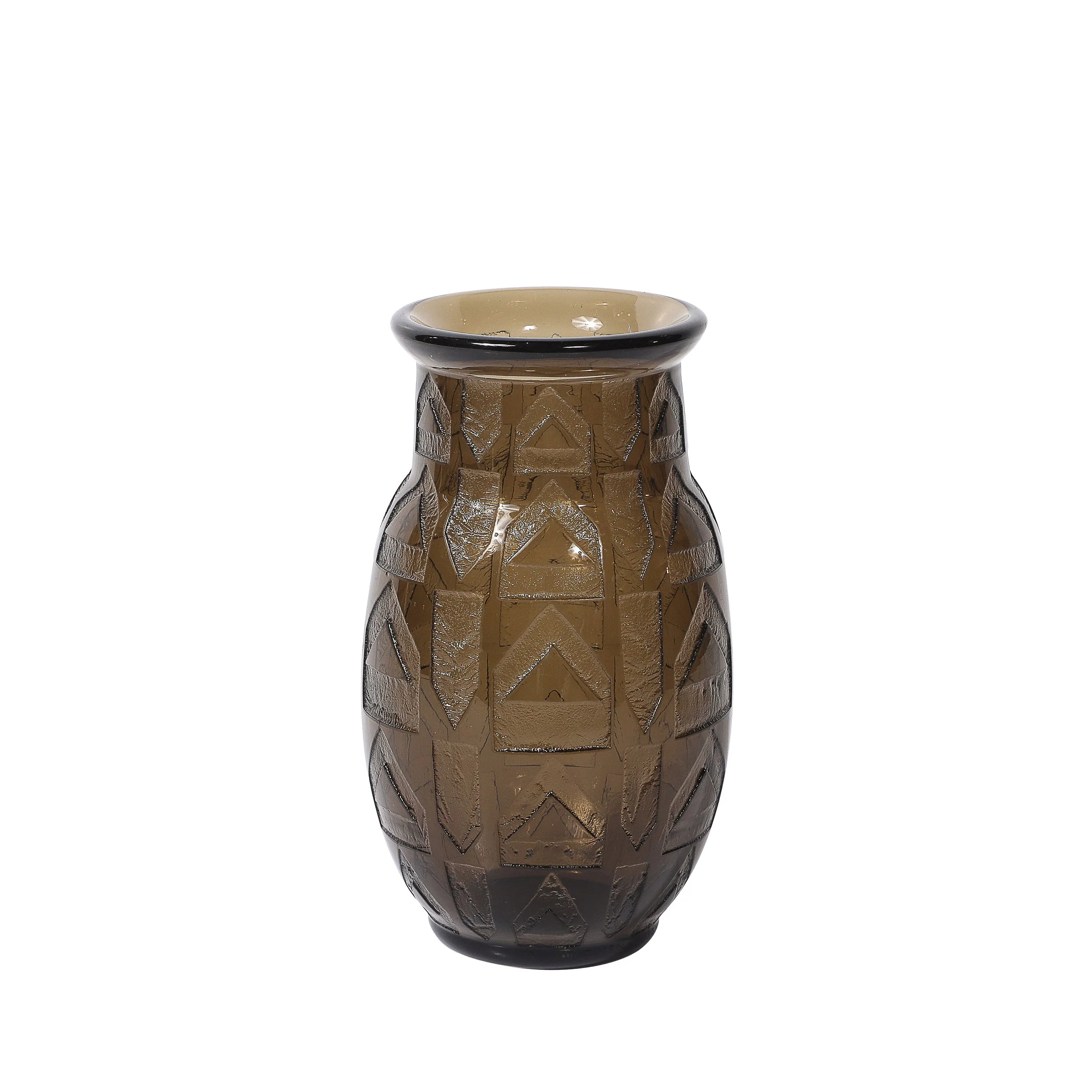Art Deco signed Daum Acid-Etched Smoked Glass Vase w/ Geometric Motif offered by High Style Deco — image 1