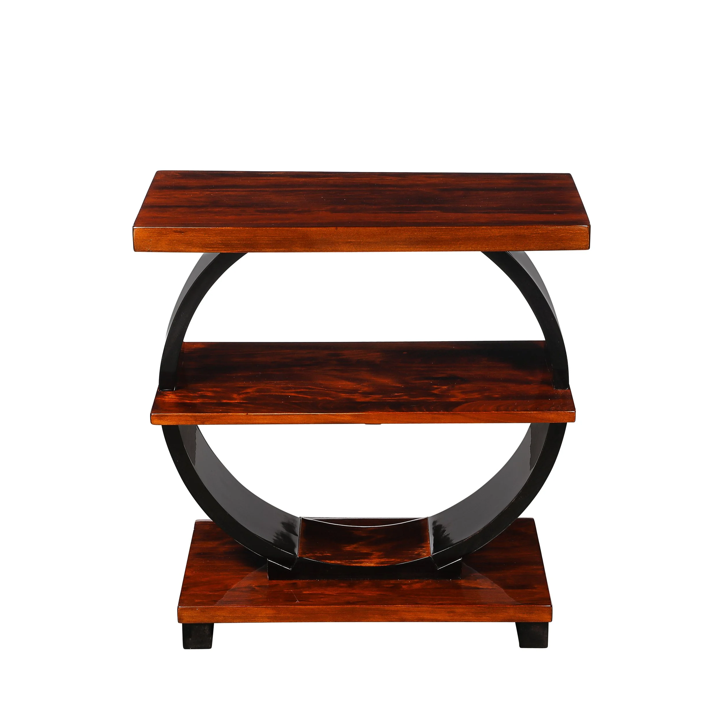 Art Deco Machine Age 3-Tier Walnut Side Table w/ Black Lacquer Round Support offered by High Style Deco — image 1