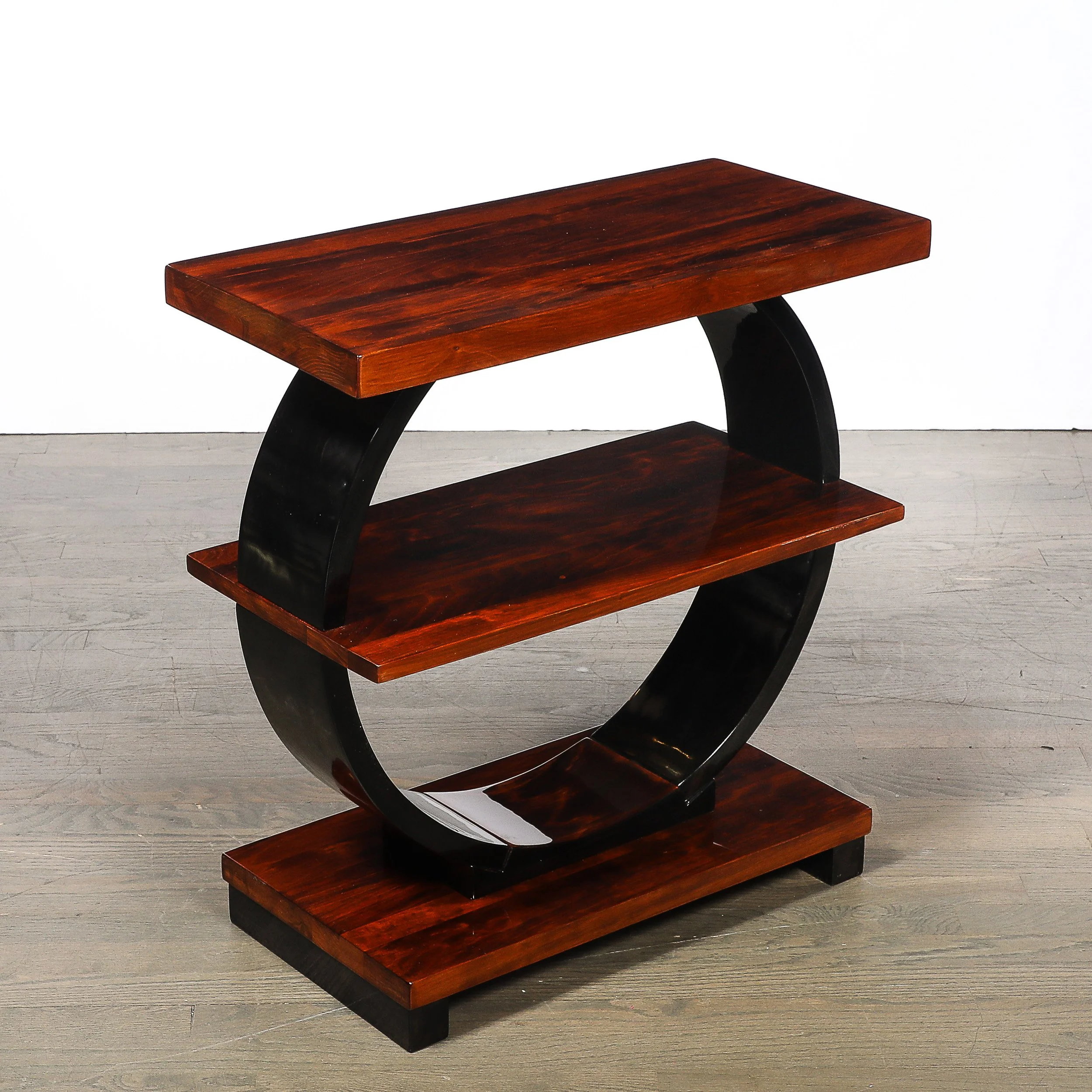Art Deco Machine Age 3-Tier Walnut Side Table w/ Black Lacquer Round Support offered by High Style Deco — image 2