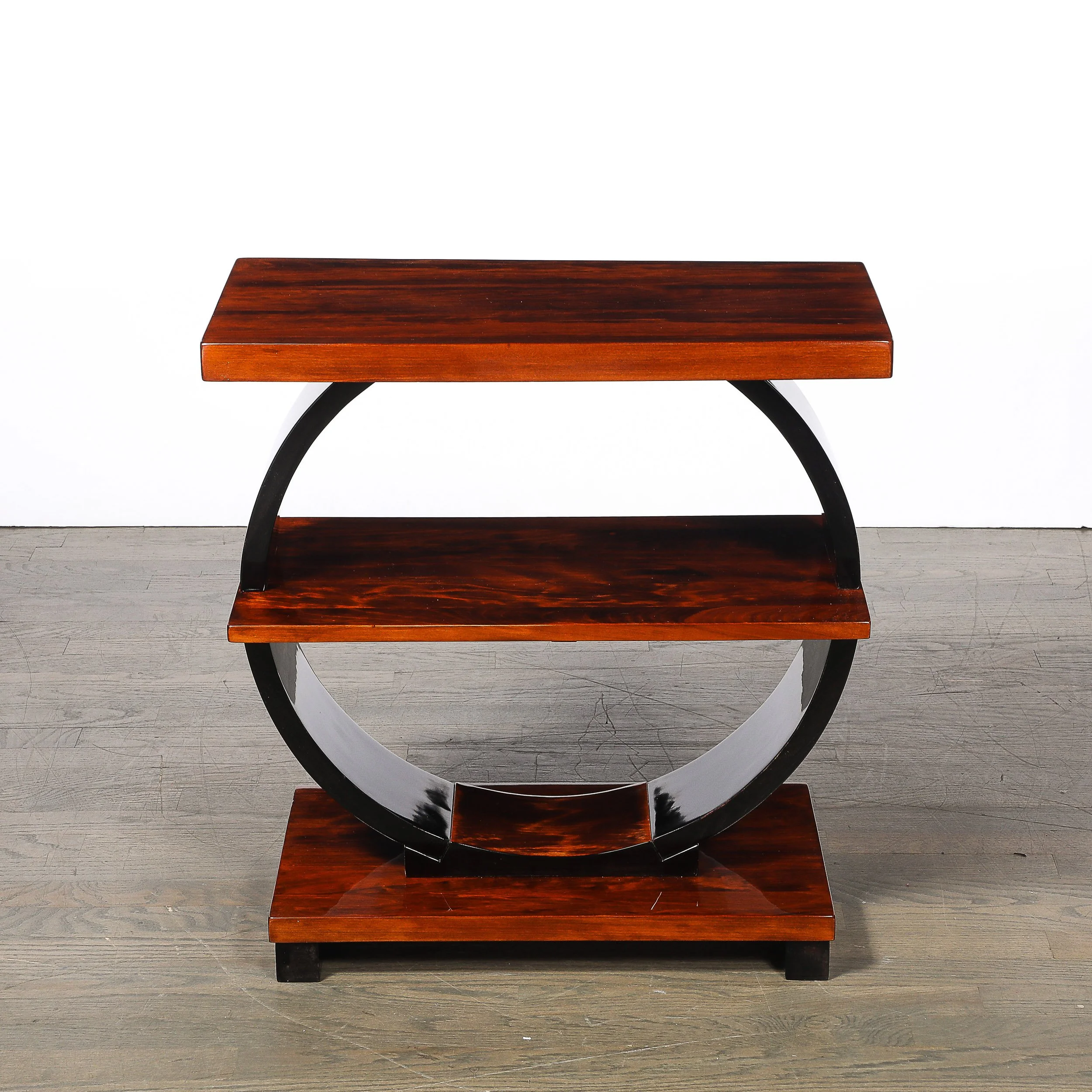 Art Deco Machine Age 3-Tier Walnut Side Table w/ Black Lacquer Round Support offered by High Style Deco — image 3