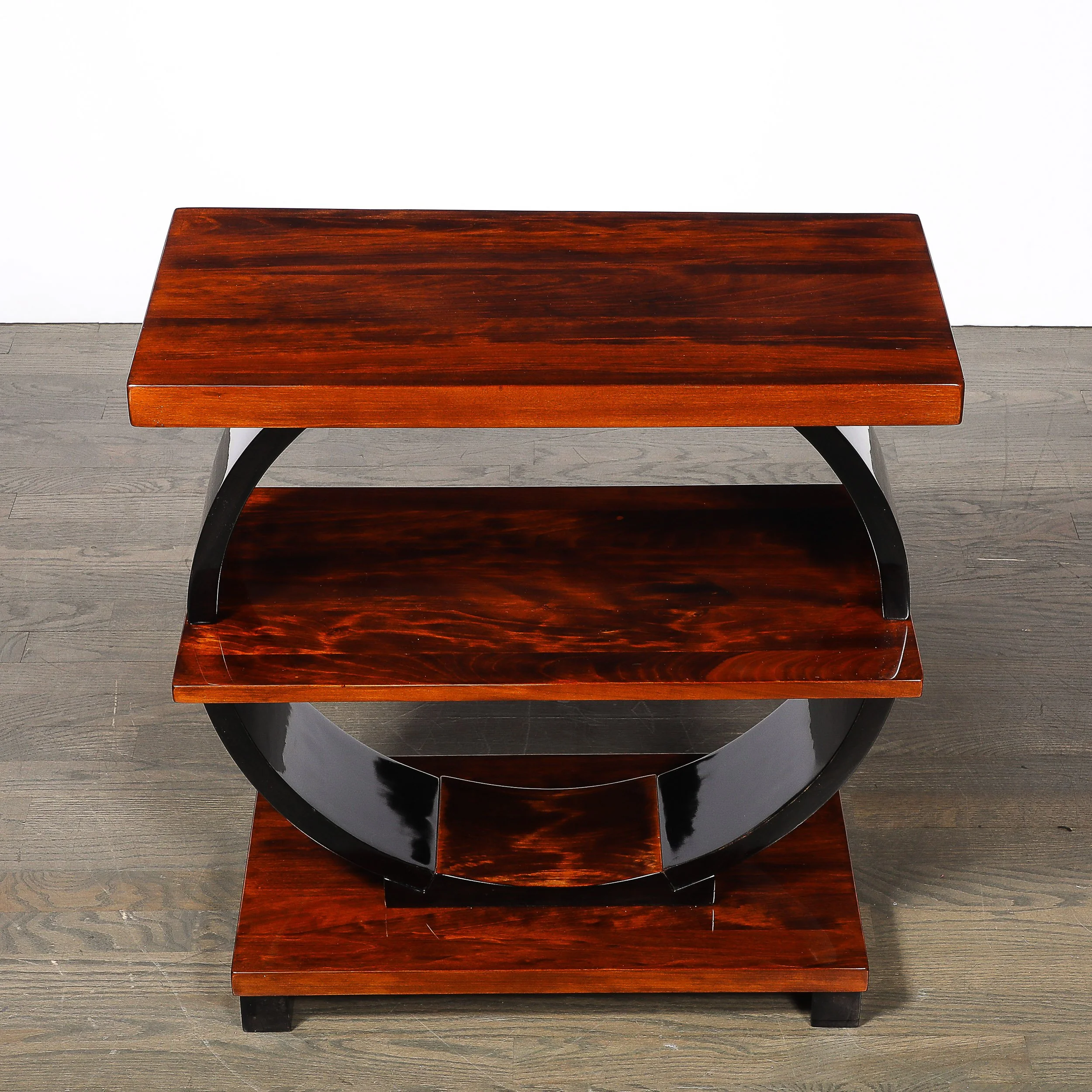 Art Deco Machine Age 3-Tier Walnut Side Table w/ Black Lacquer Round Support offered by High Style Deco — image 4