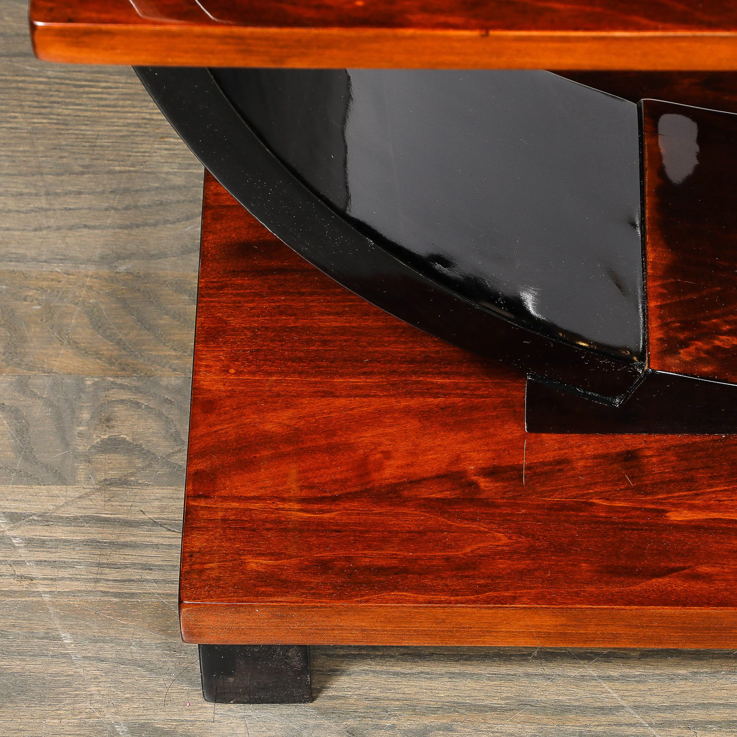 Art Deco Machine Age 3-Tier Walnut Side Table w/ Black Lacquer Round Support offered by High Style Deco — image 5