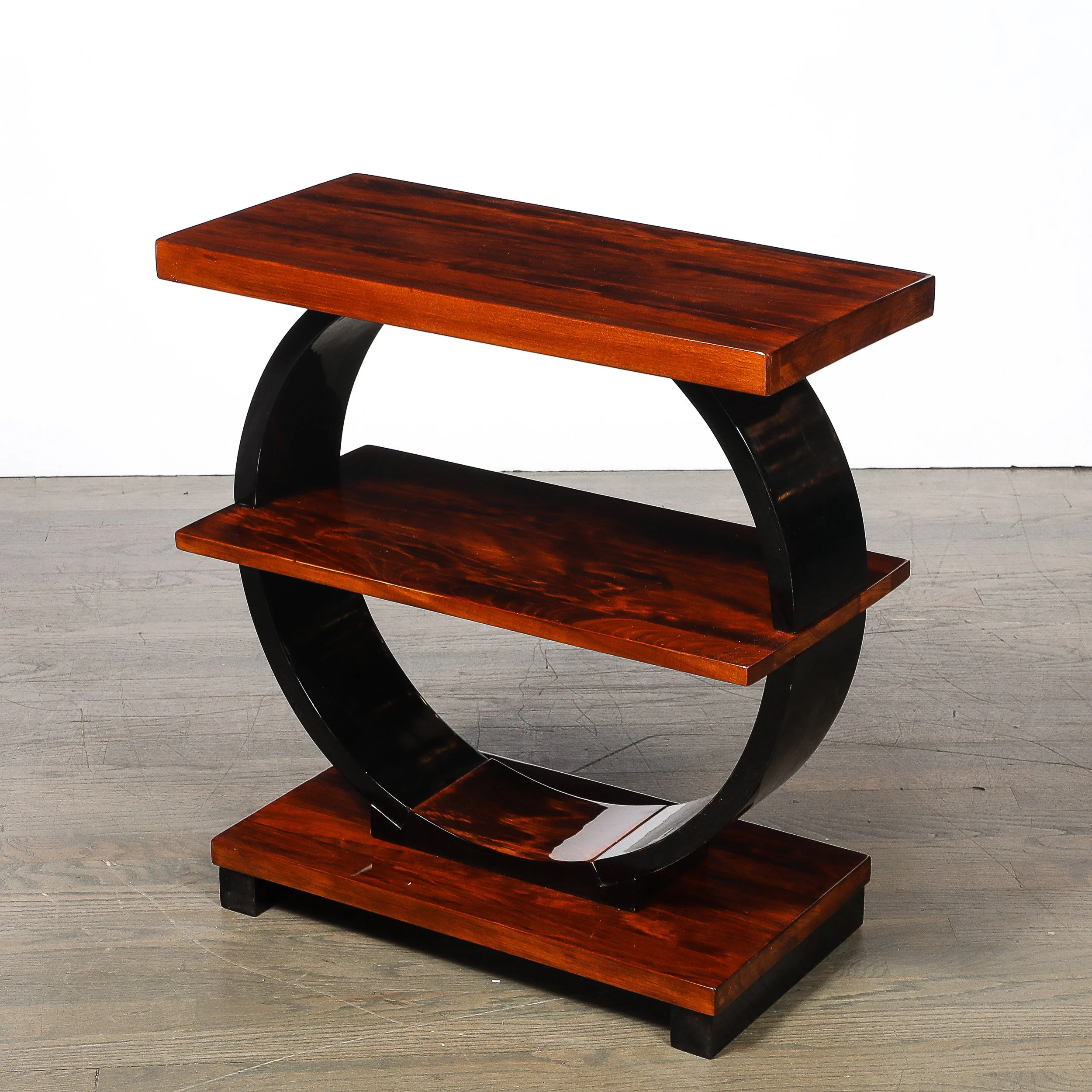 Art Deco Machine Age 3-Tier Walnut Side Table w/ Black Lacquer Round Support offered by High Style Deco — image 6