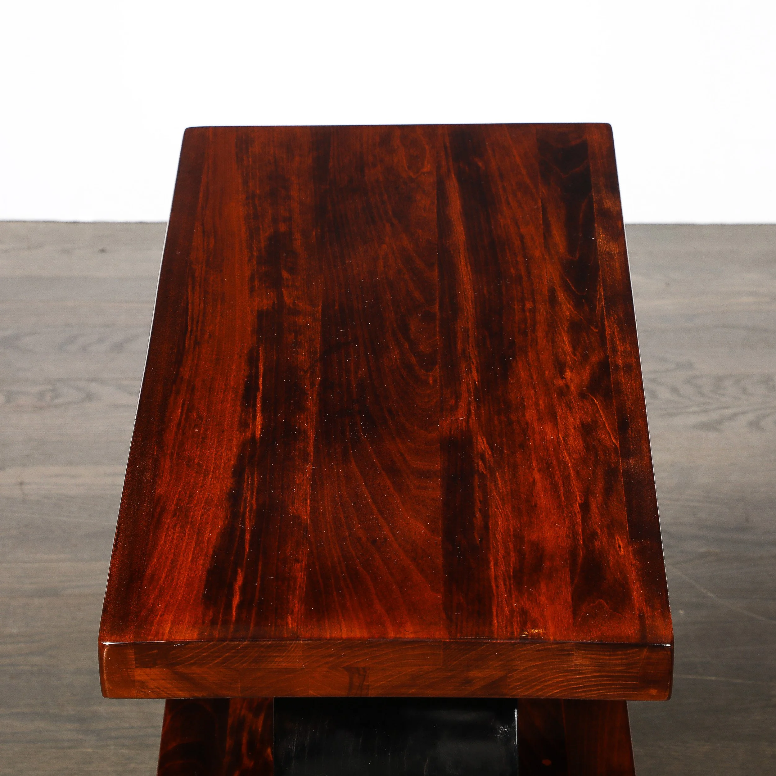 Art Deco Machine Age 3-Tier Walnut Side Table w/ Black Lacquer Round Support offered by High Style Deco — image 7