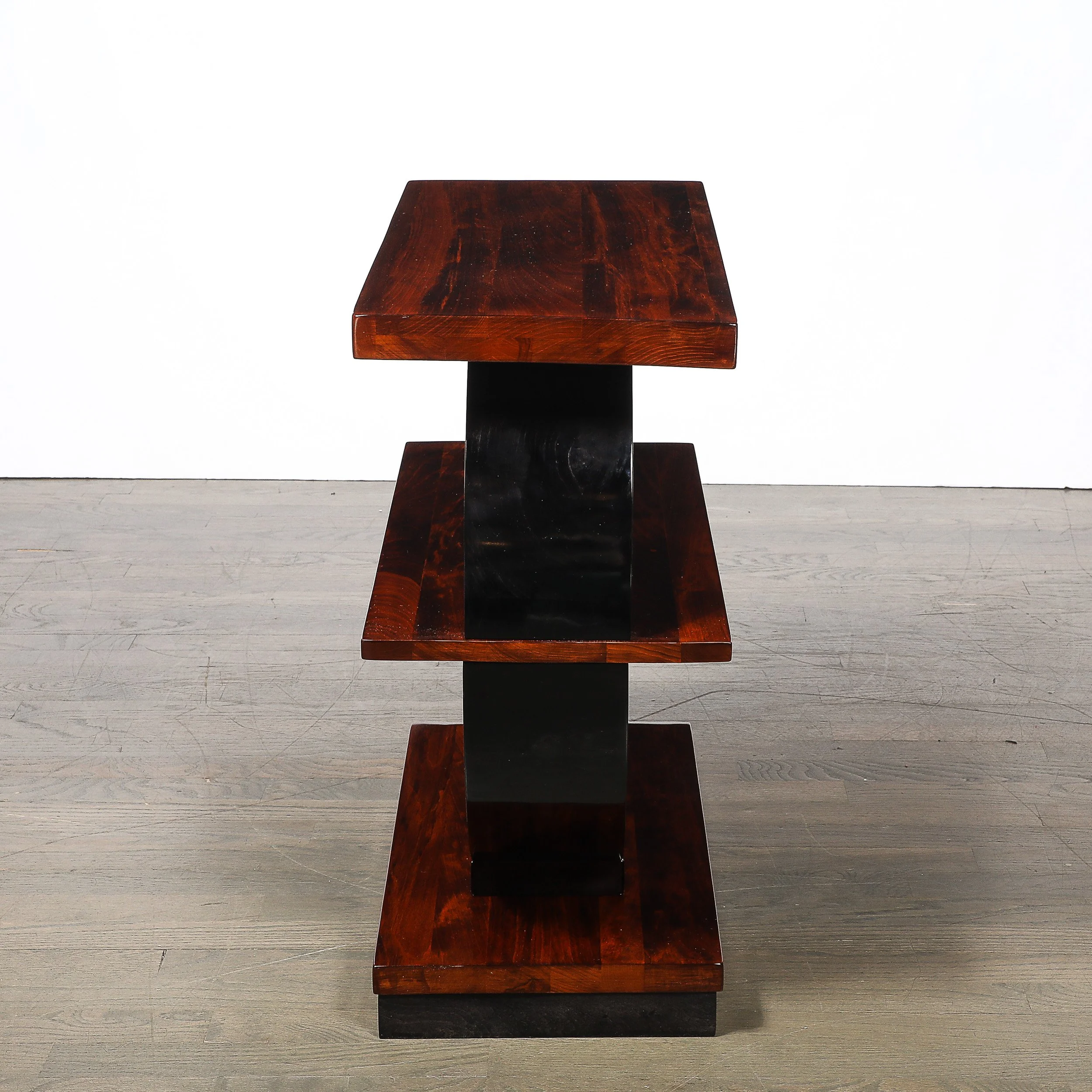 Art Deco Machine Age 3-Tier Walnut Side Table w/ Black Lacquer Round Support offered by High Style Deco — image 8