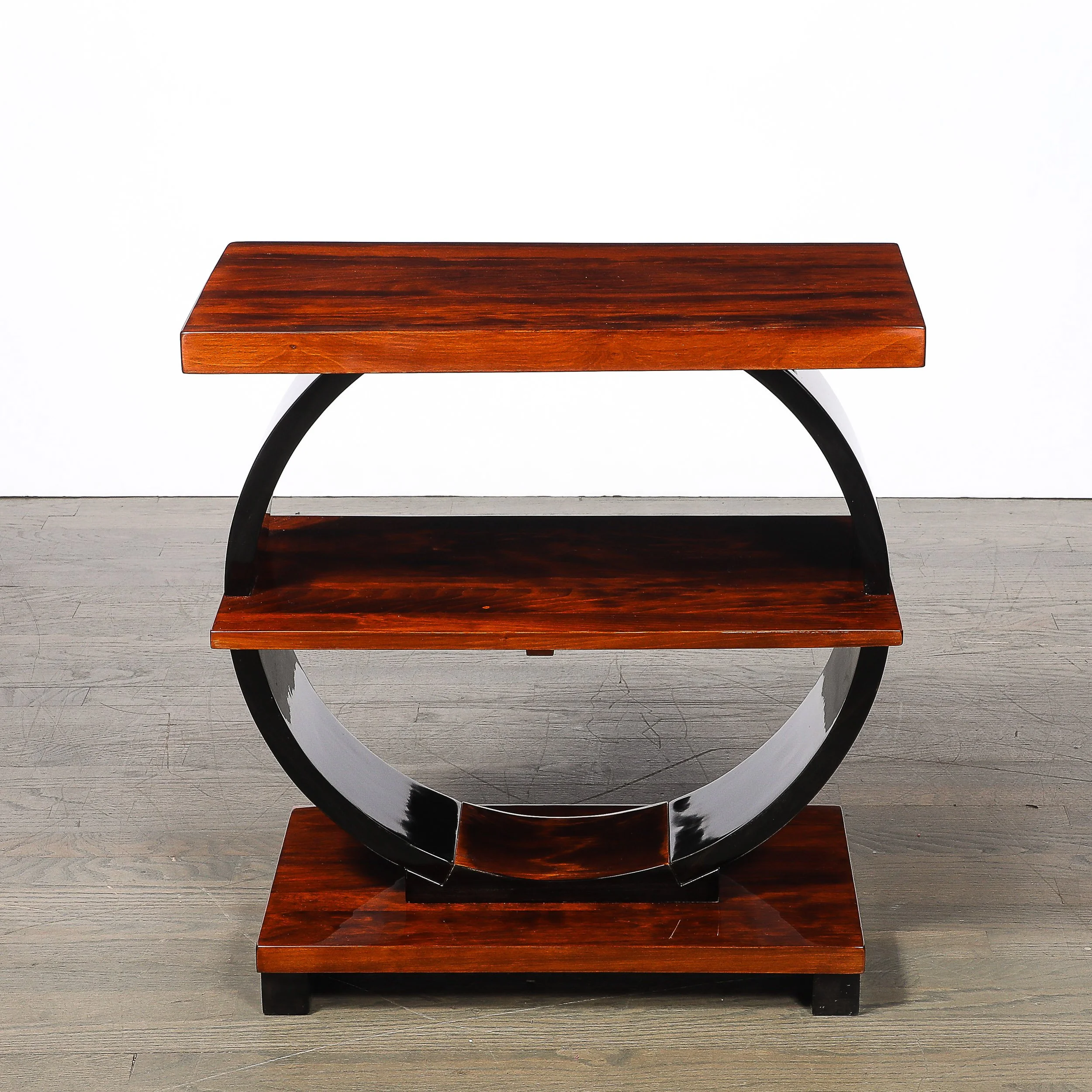 Art Deco Machine Age 3-Tier Walnut Side Table w/ Black Lacquer Round Support offered by High Style Deco — image 9
