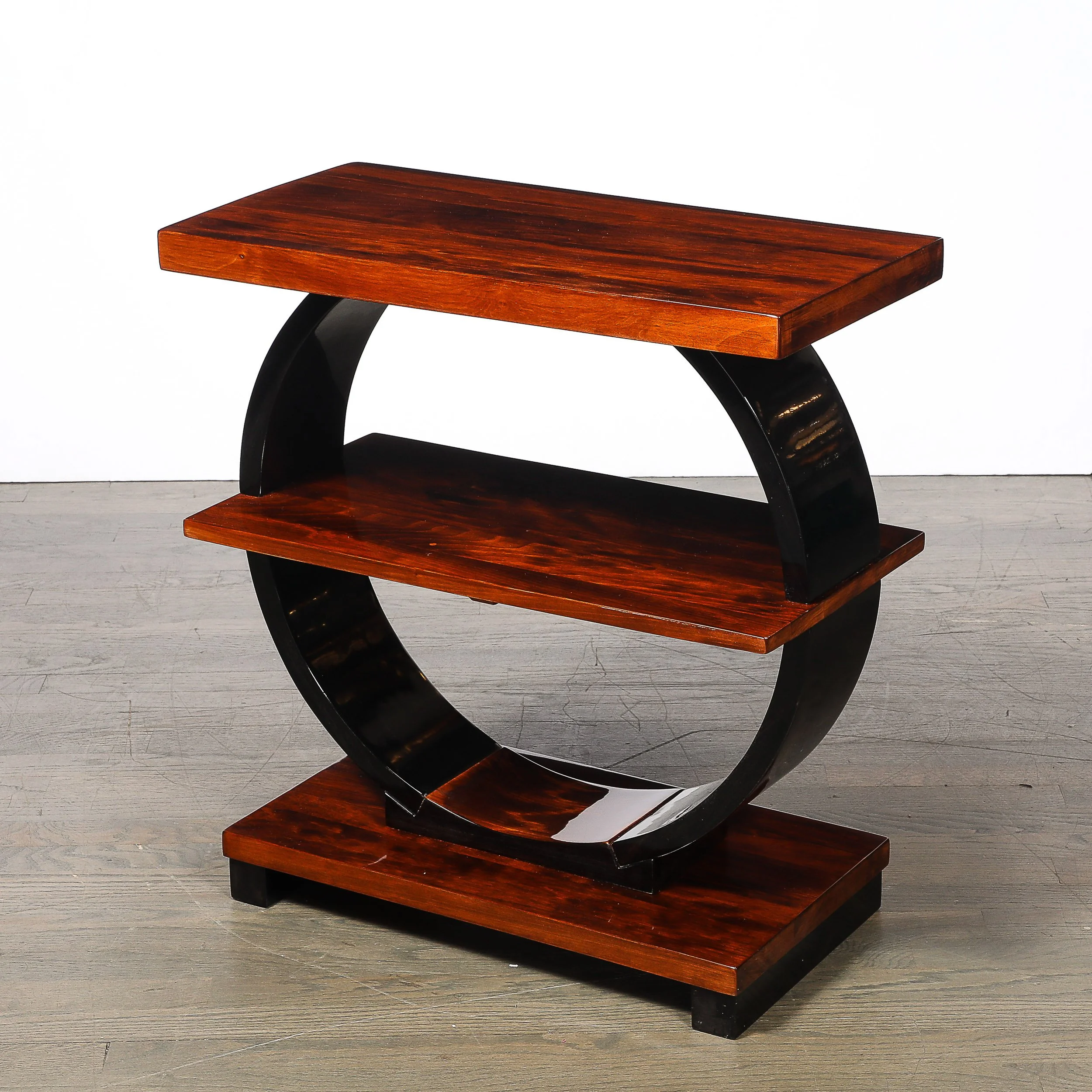 Art Deco Machine Age 3-Tier Walnut Side Table w/ Black Lacquer Round Support offered by High Style Deco — image 10