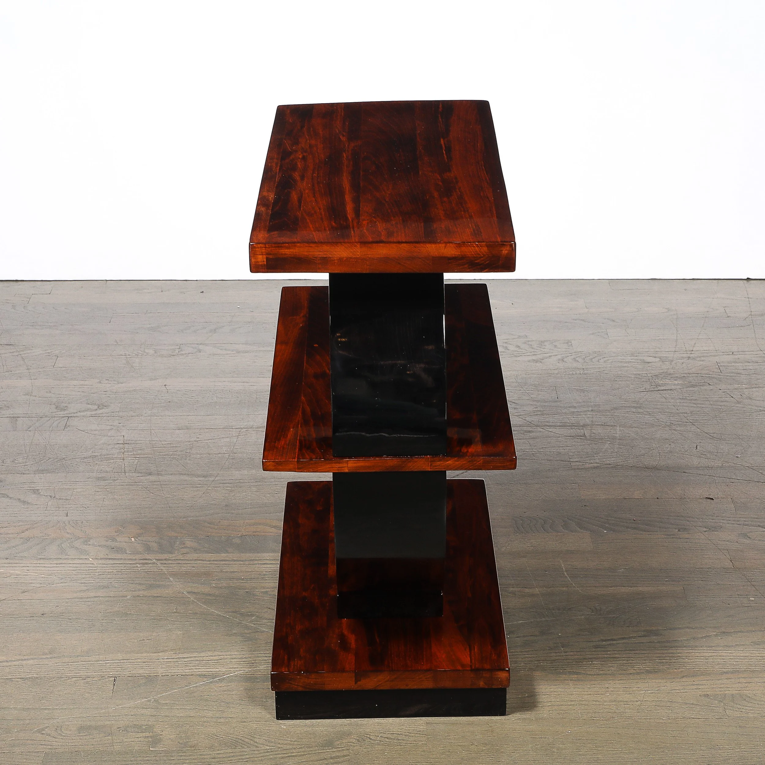 Art Deco Machine Age 3-Tier Walnut Side Table w/ Black Lacquer Round Support offered by High Style Deco — image 11