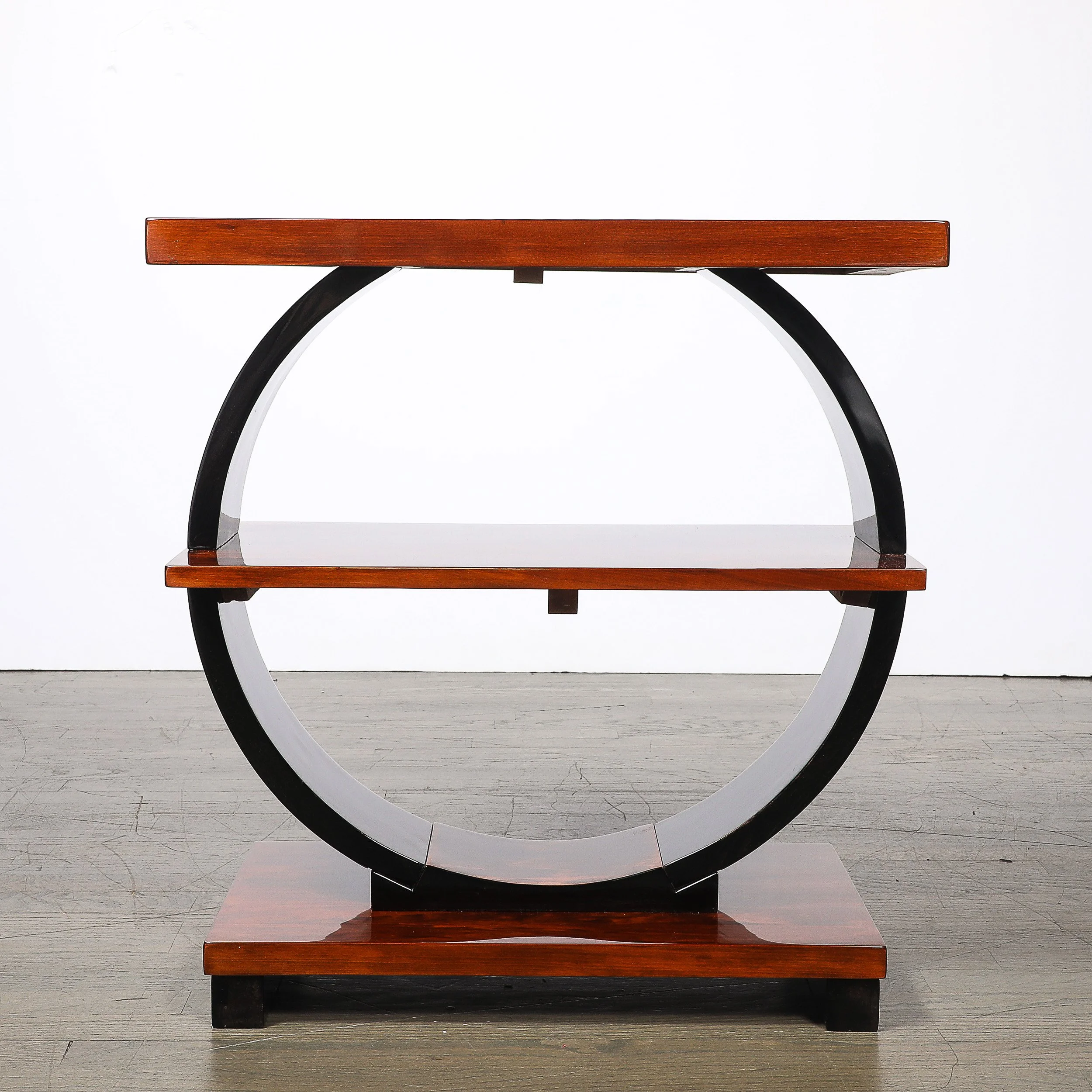 Art Deco Machine Age 3-Tier Walnut Side Table w/ Black Lacquer Round Support offered by High Style Deco — image 12