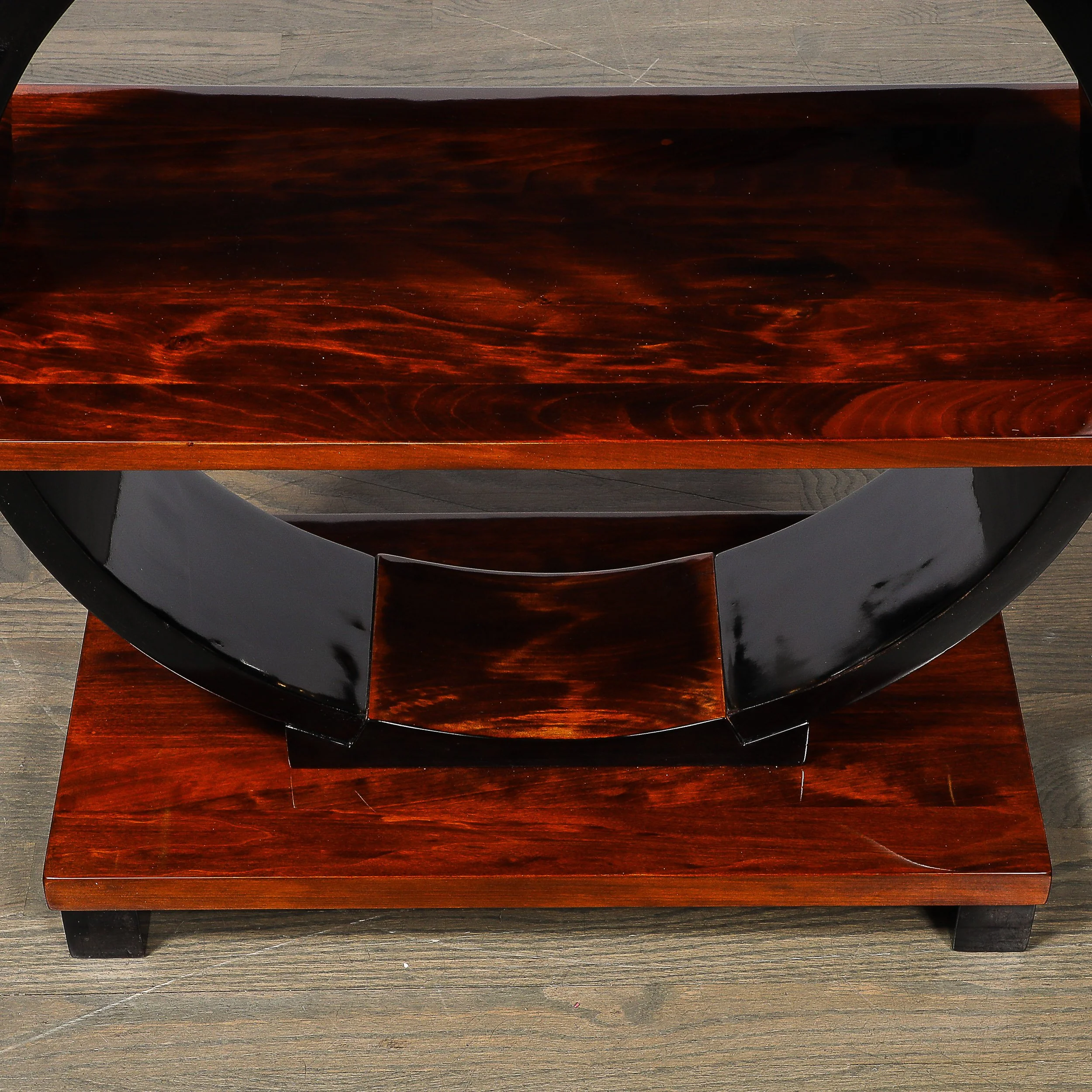 Art Deco Machine Age 3-Tier Walnut Side Table w/ Black Lacquer Round Support offered by High Style Deco — image 13