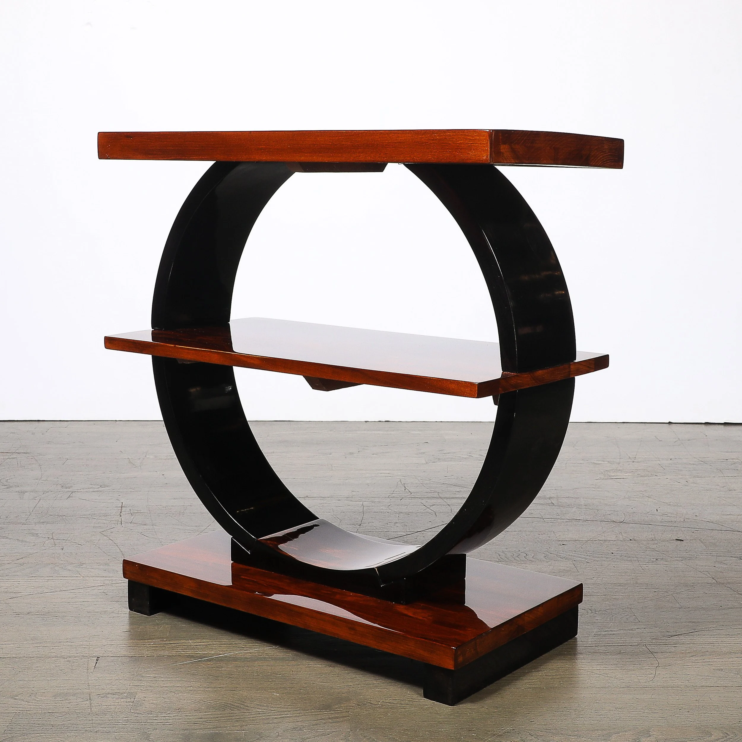 Art Deco Machine Age 3-Tier Walnut Side Table w/ Black Lacquer Round Support offered by High Style Deco — image 14
