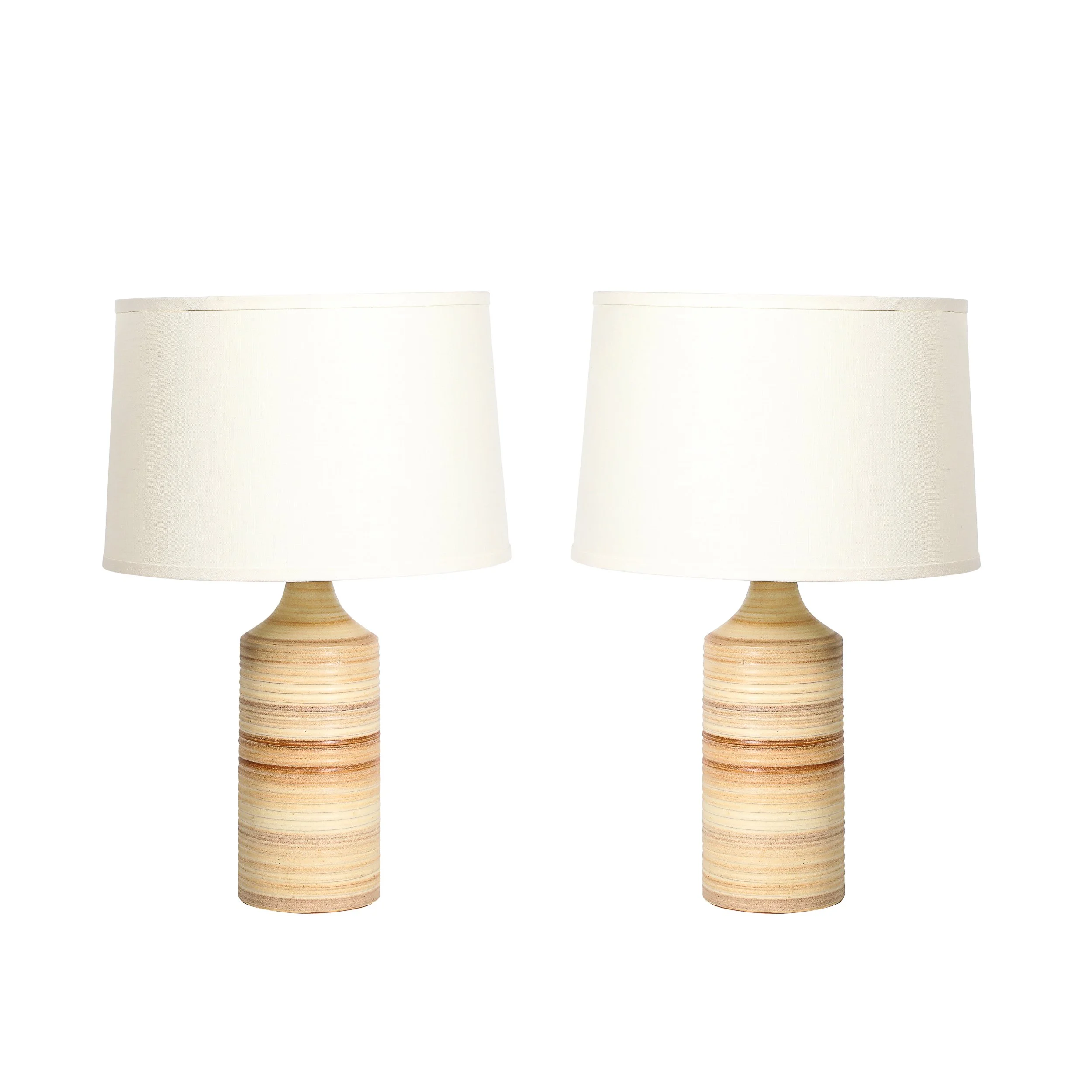 Pair of Mid-Century Beige Ceramic Table Lamps w/ Spun Grooved Detailing offered by High Style Deco — image 1