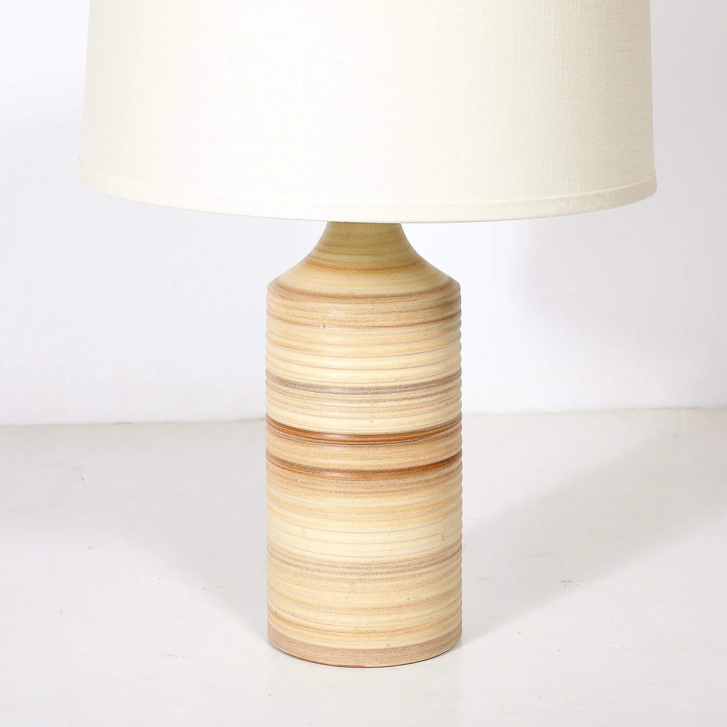 Pair of Mid-Century Beige Ceramic Table Lamps w/ Spun Grooved Detailing offered by High Style Deco — image 2