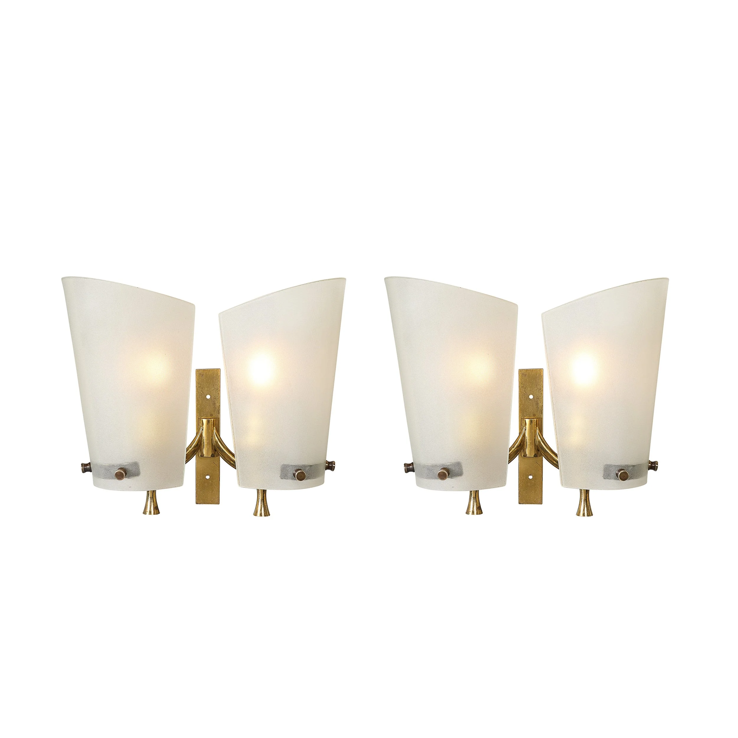 Pair of Italian Mid-Century Double Shaded Textured Glass & Brass Wall Sconces offered by High Style Deco — image 1