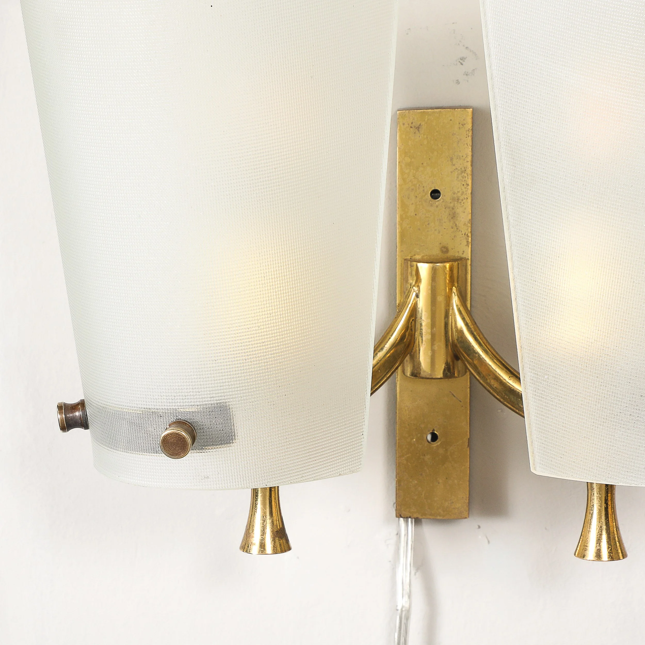 Pair of Italian Mid-Century Double Shaded Textured Glass & Brass Wall Sconces offered by High Style Deco — image 2