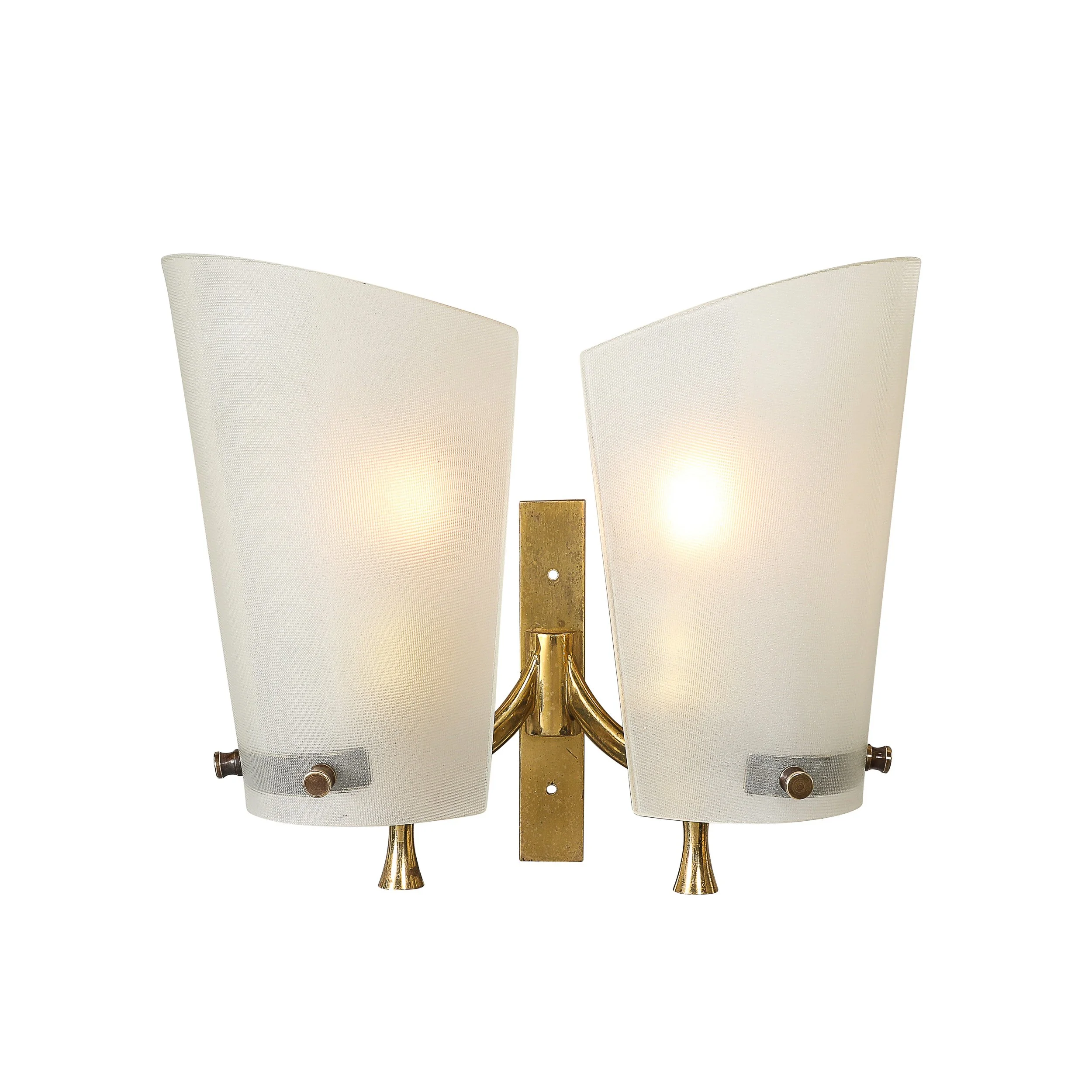Pair of Italian Mid-Century Double Shaded Textured Glass & Brass Wall Sconces offered by High Style Deco — image 3