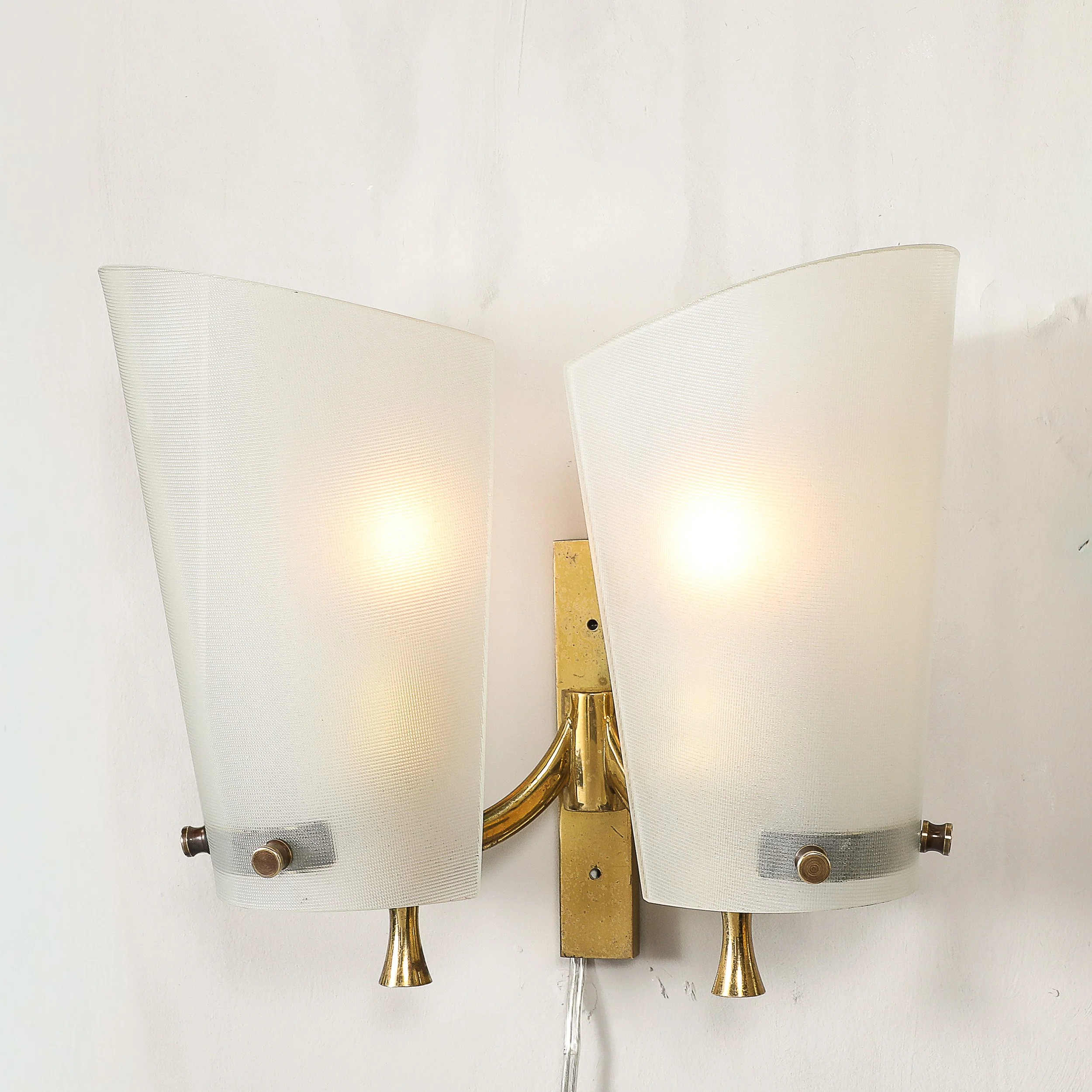 Pair of Italian Mid-Century Double Shaded Textured Glass & Brass Wall Sconces offered by High Style Deco — image 4