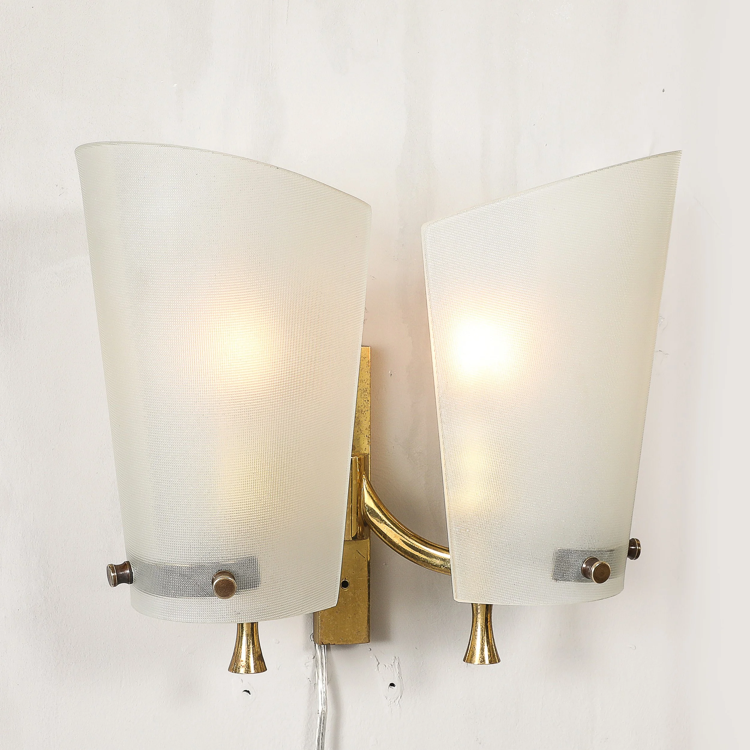 Pair of Italian Mid-Century Double Shaded Textured Glass & Brass Wall Sconces offered by High Style Deco — image 5