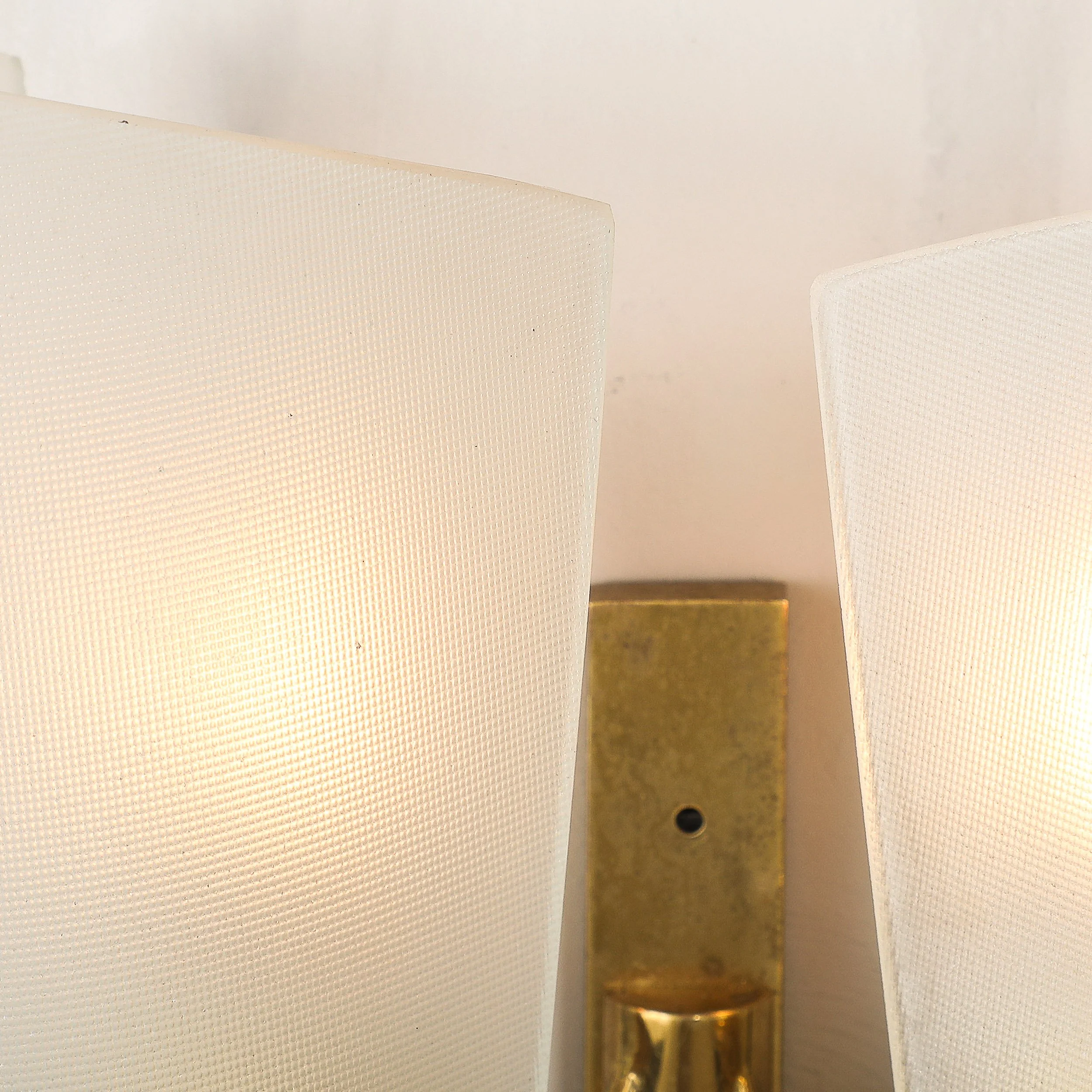 Pair of Italian Mid-Century Double Shaded Textured Glass & Brass Wall Sconces offered by High Style Deco — image 6
