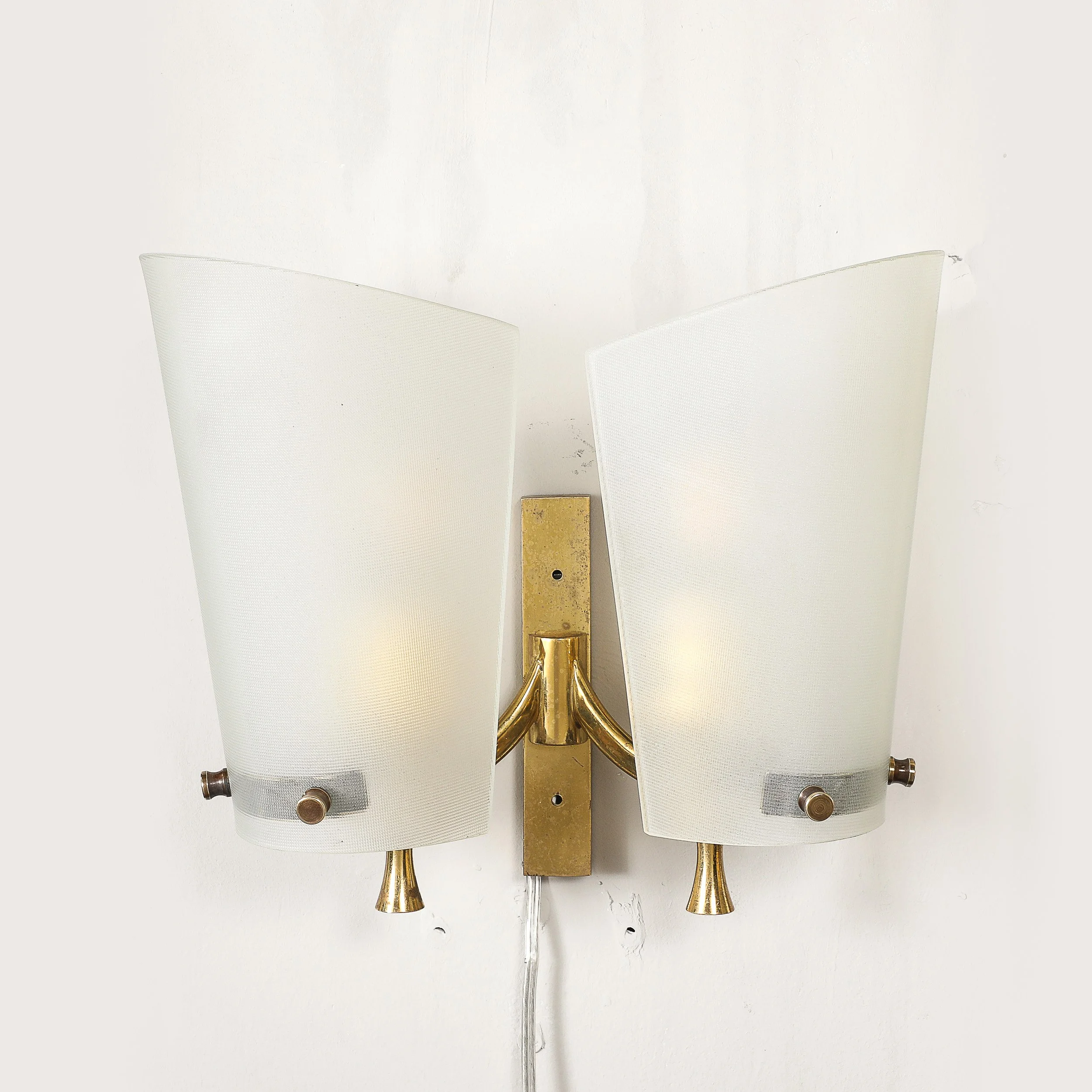 Pair of Italian Mid-Century Double Shaded Textured Glass & Brass Wall Sconces offered by High Style Deco — image 7