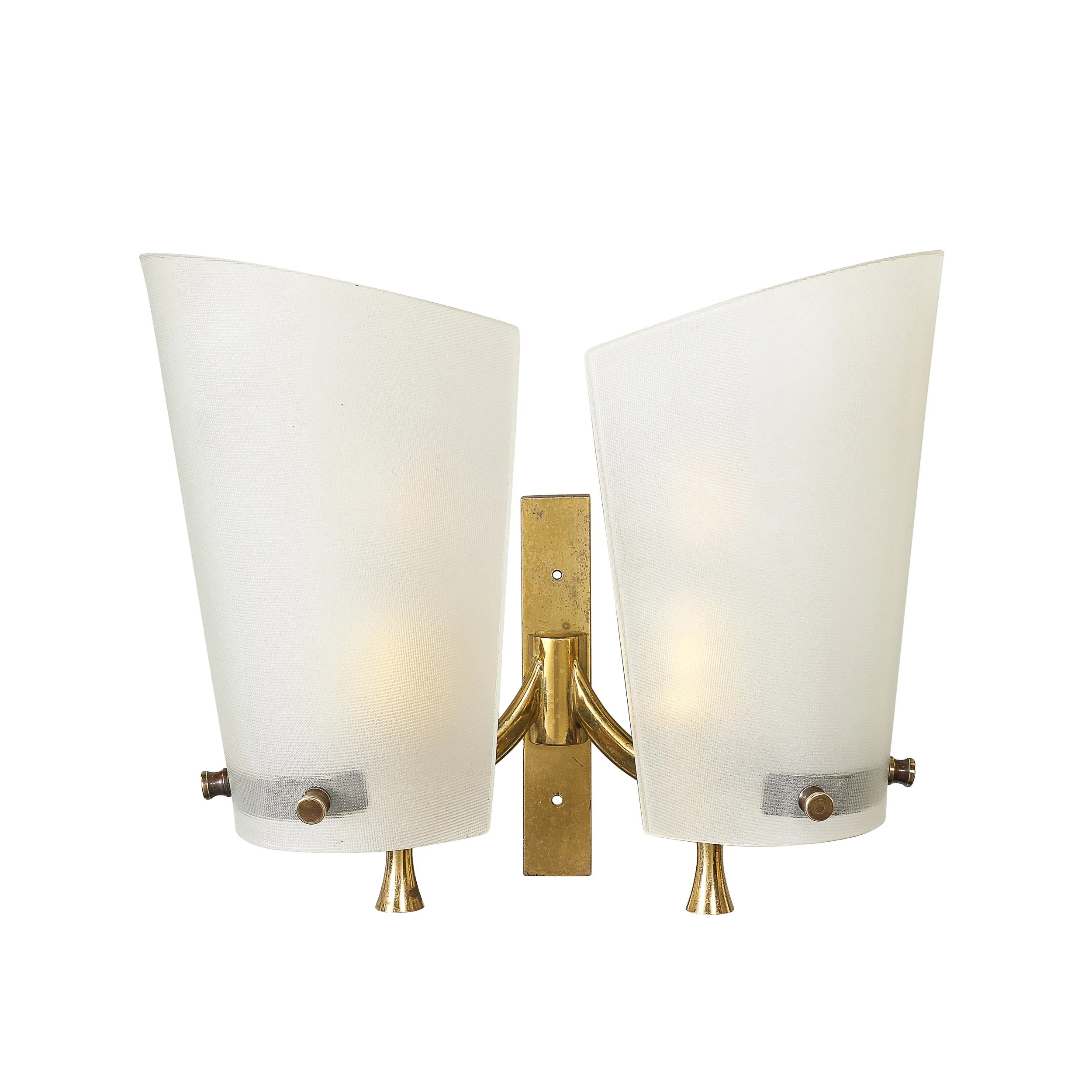 Pair of Italian Mid-Century Double Shaded Textured Glass & Brass Wall Sconces offered by High Style Deco — image 8