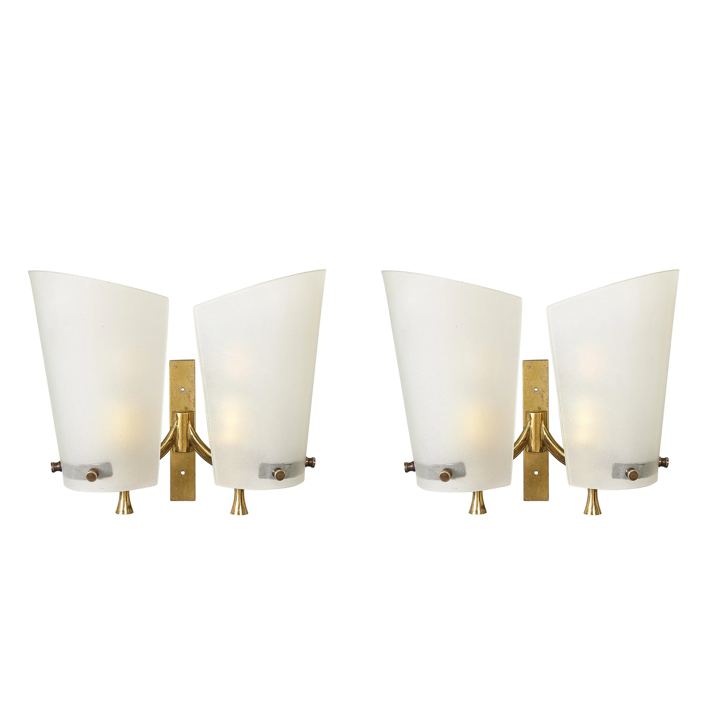 Pair of Italian Mid-Century Double Shaded Textured Glass & Brass Wall Sconces offered by High Style Deco — image 9