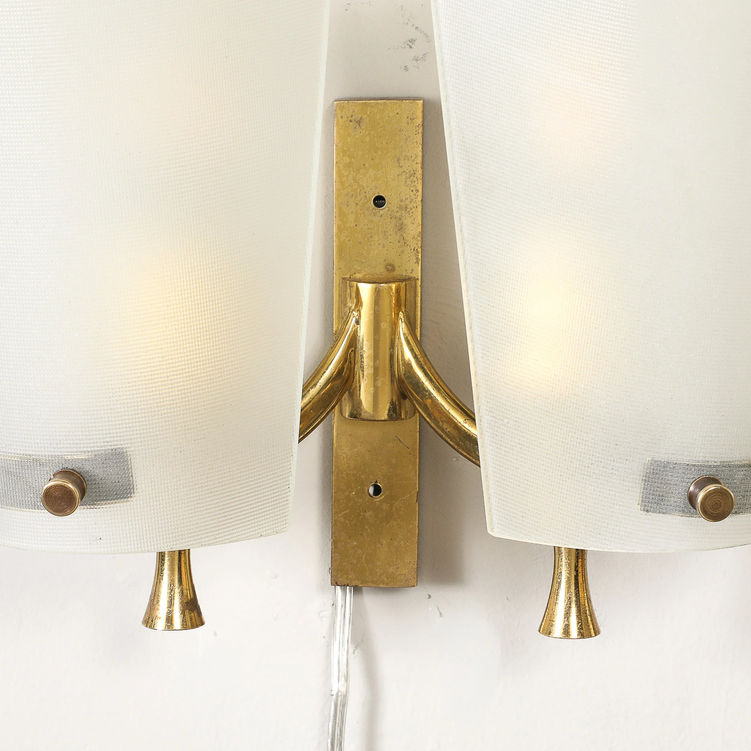 Pair of Italian Mid-Century Double Shaded Textured Glass & Brass Wall Sconces offered by High Style Deco — image 11